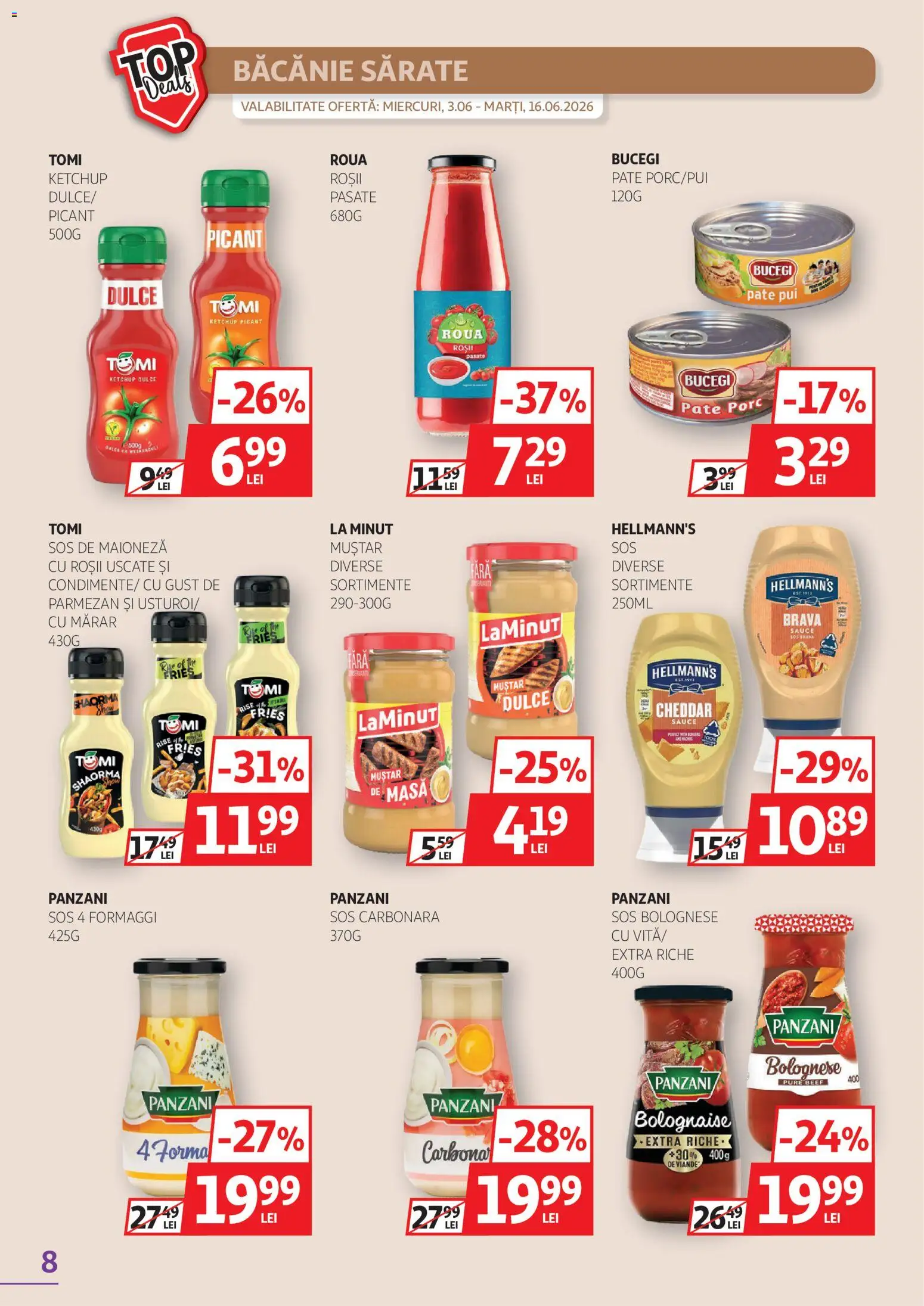 Noul catalog Auchan – valabil de la 03.06.2026 | Pagină: 8 | Produse: Roșii, Muștar, Maioneză, Sos