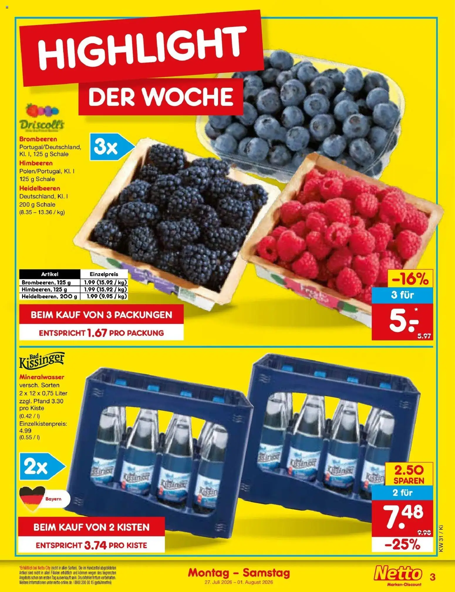 Netto Marken-Discount Prospekt Nürnberg – gültig ab 27.07.2026 | Seite: 3 | Produkte: Himbeeren, Mineralwasser, Heidelbeeren