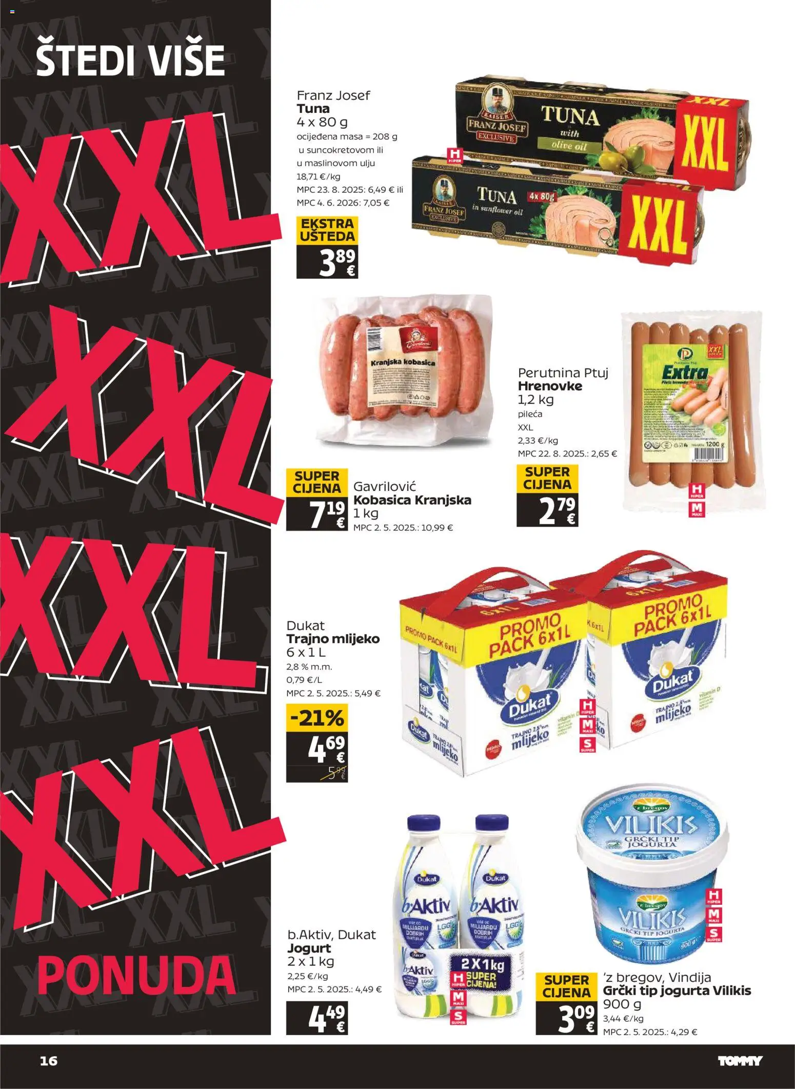 Tommy katalog | vrijedi od 30.07.2026 | Stranica: 16 | Proizvodi: Vindija, Mlijeko, Hrenovke, Trajno mlijeko