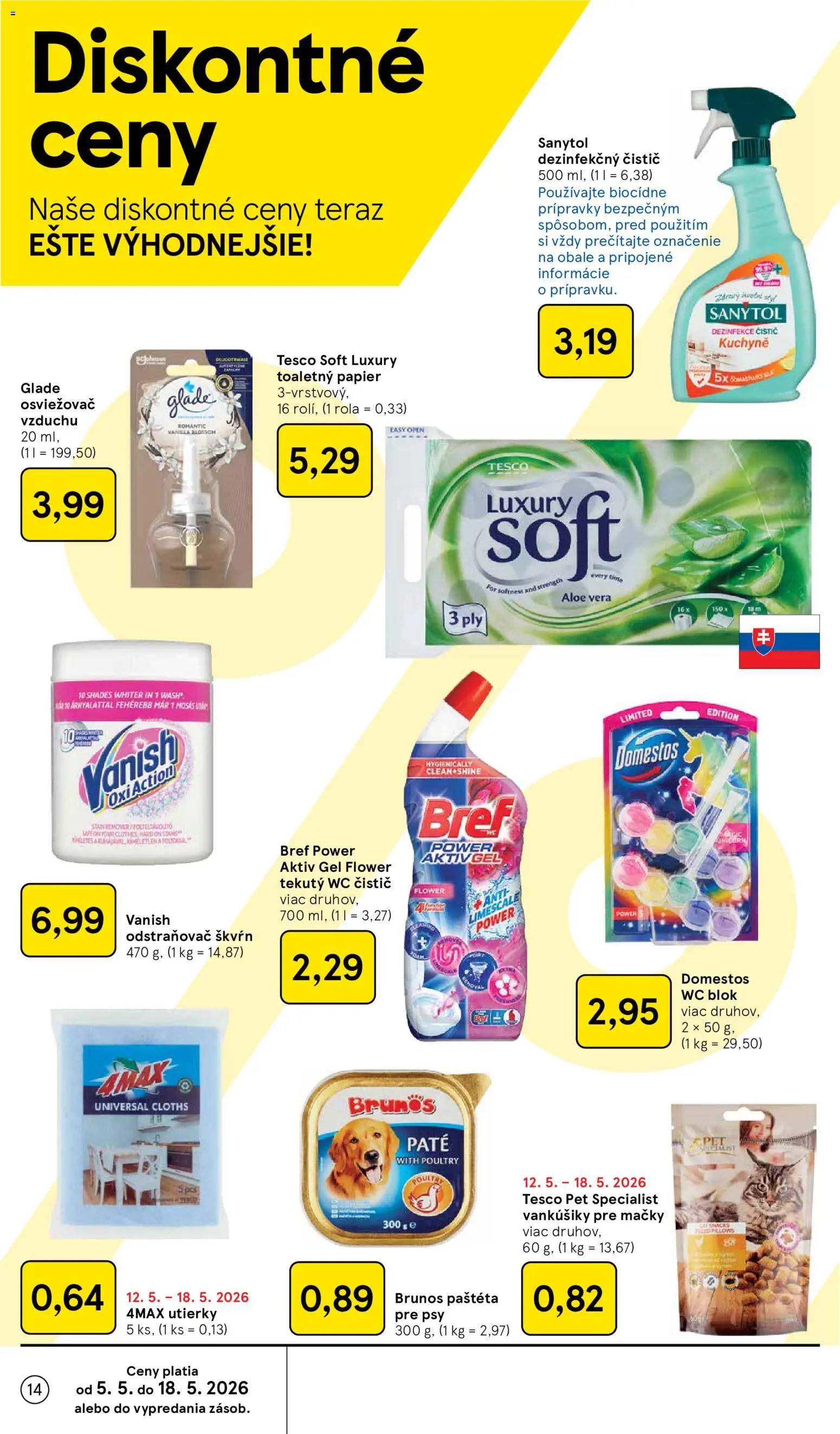 Nové Tesco akcie – leták je platný od 13.05.2026 | Strana: 14 | Produkty: Osviežovač vzduchu, Rúra, Wc, Vanish