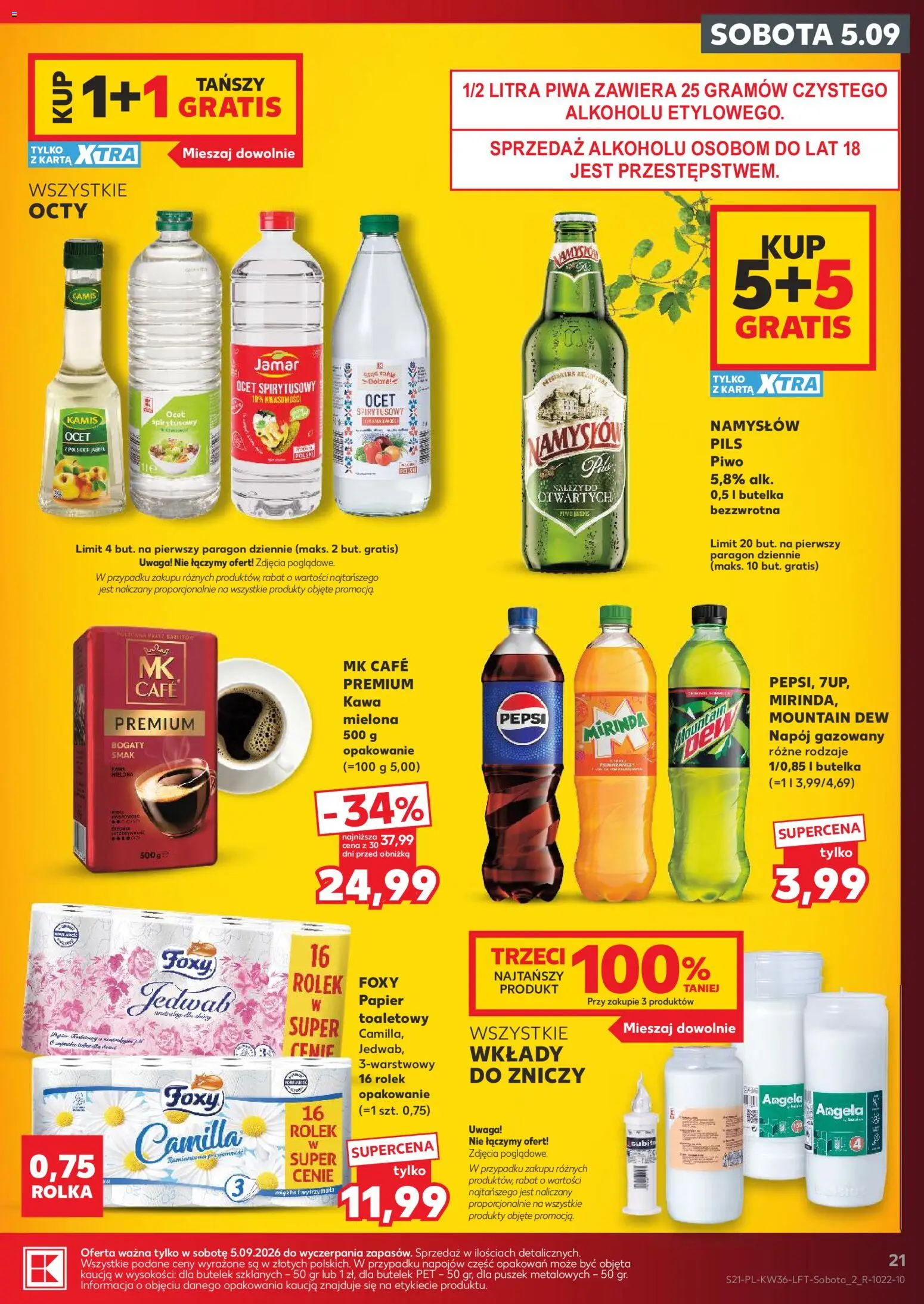 Kaufland gazetka od 03.09.2026 | Strona: 21 | Produkty: Ocet spirytusowy, Karta, Namysłów piwo, Kawa mielona