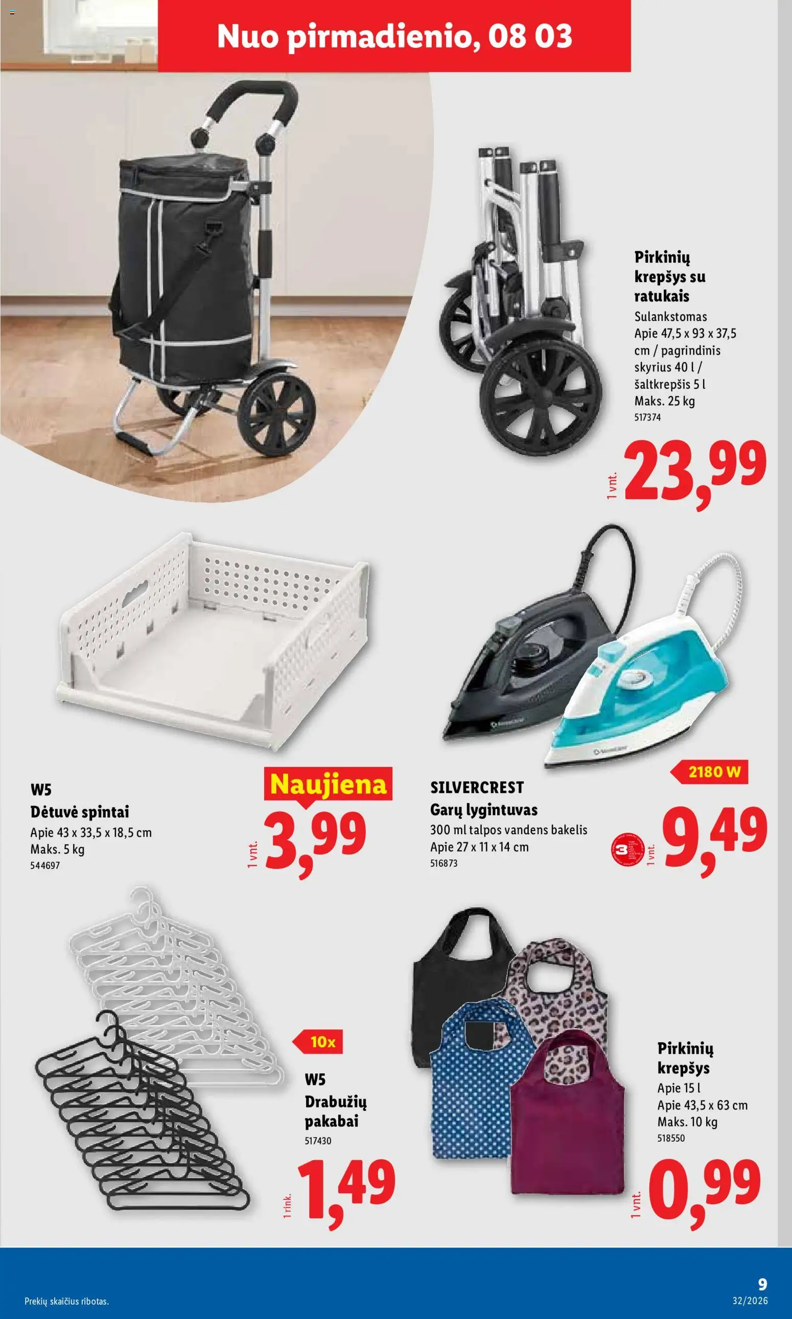 LIDL akcijos nuo 2026.08.03 | Puslapis: 9 | Prekių: Krepšys, Lygintuvas