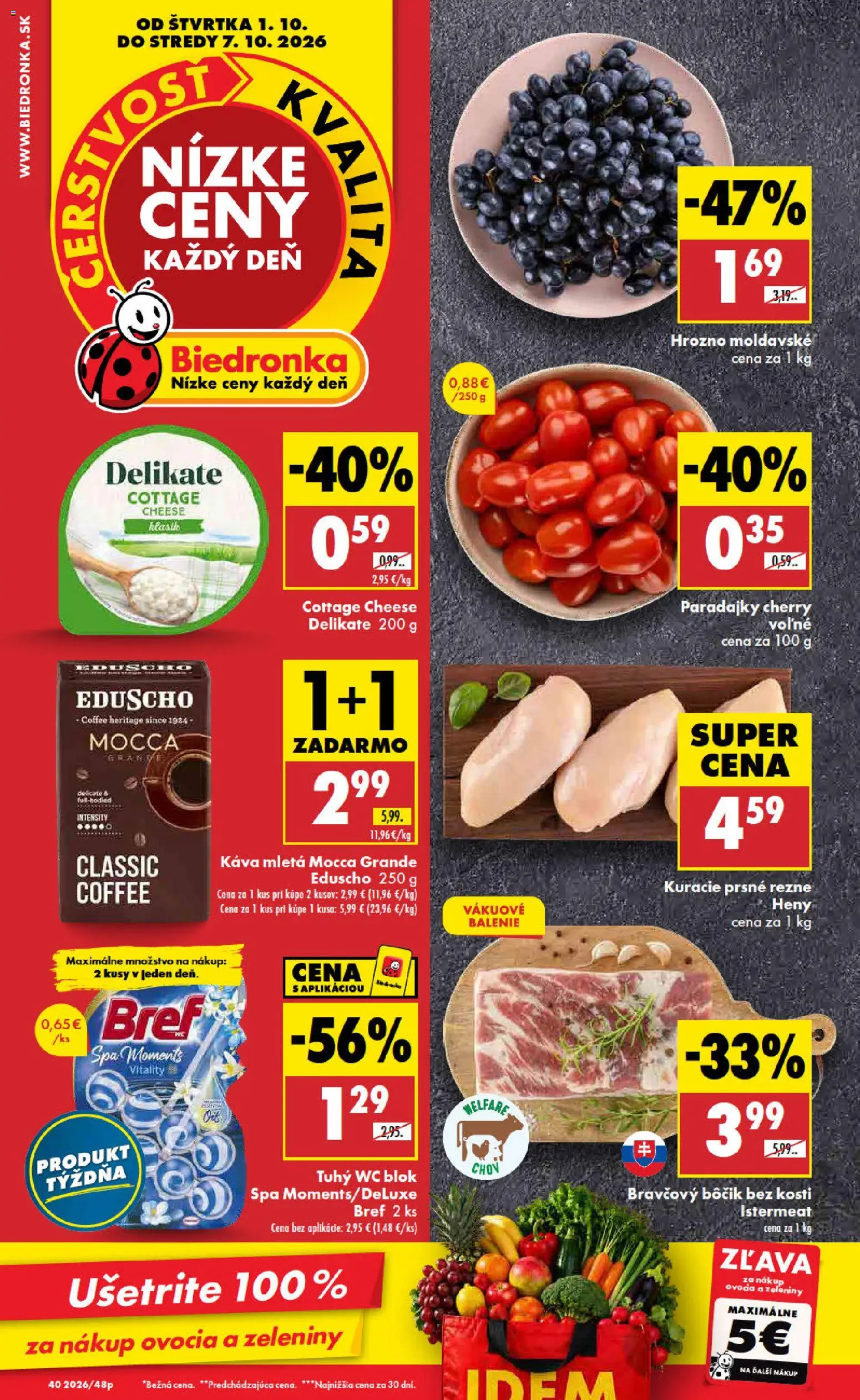 Nové Biedronka akcie – leták je platný od 01.10.2026 | Strana: 1 | Produkty: Wc, Cottage cheese, Wc blok, Bôčik bez kosti