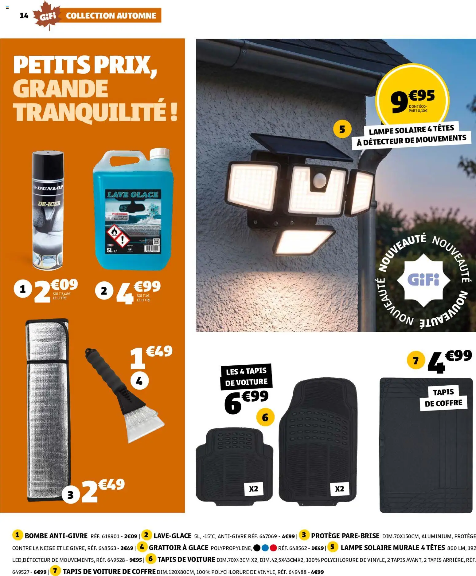 {H1} | Page: 14 | Produits: Glace, Tapis de voiture, Lampe solaire, Tapis de coffre