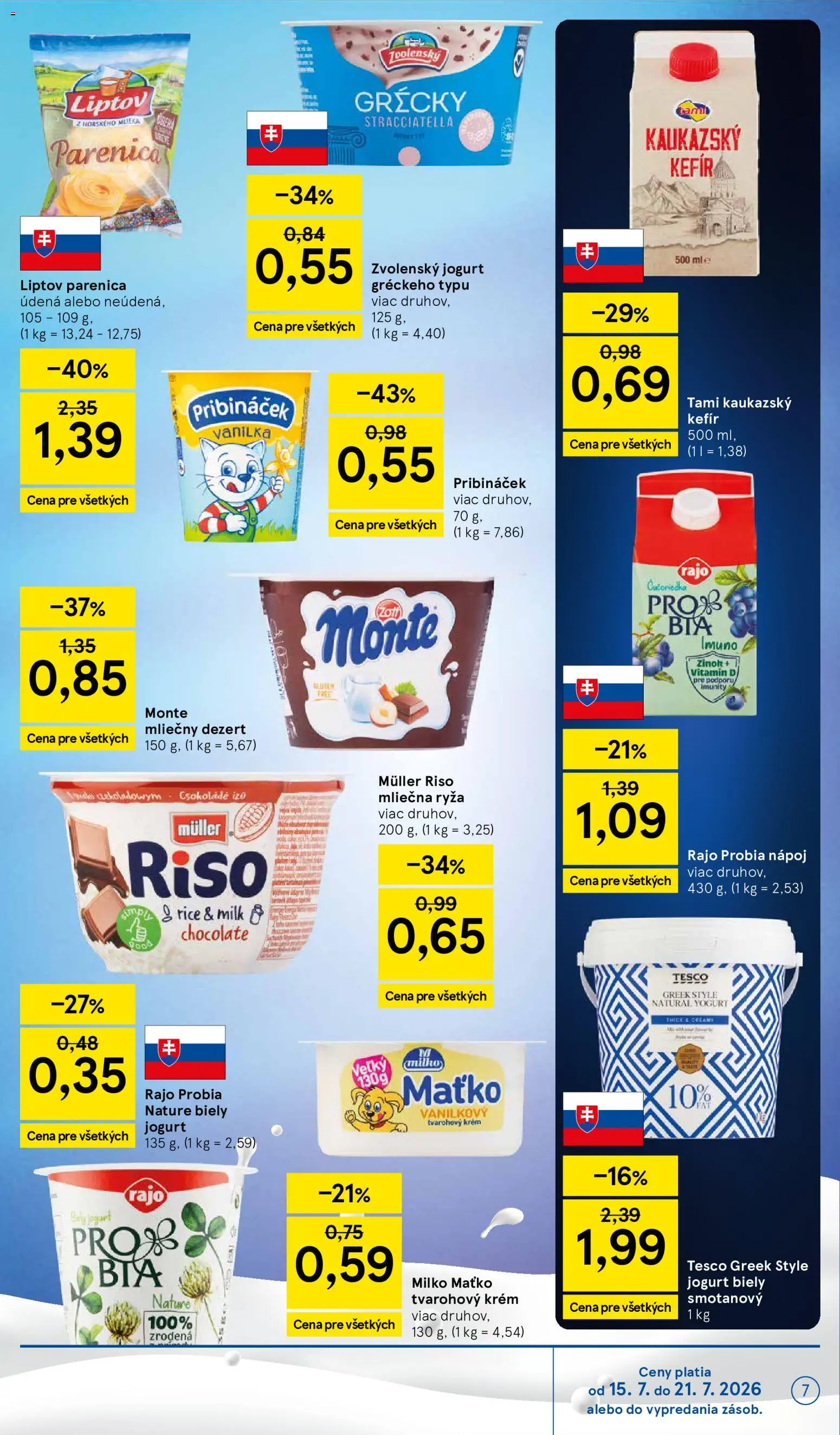 Nové Tesco akcie – leták je platný od 15.07.2026 | Strana: 7 | Produkty: Jogurt, Ryža, Biely jogurt, Vanilka