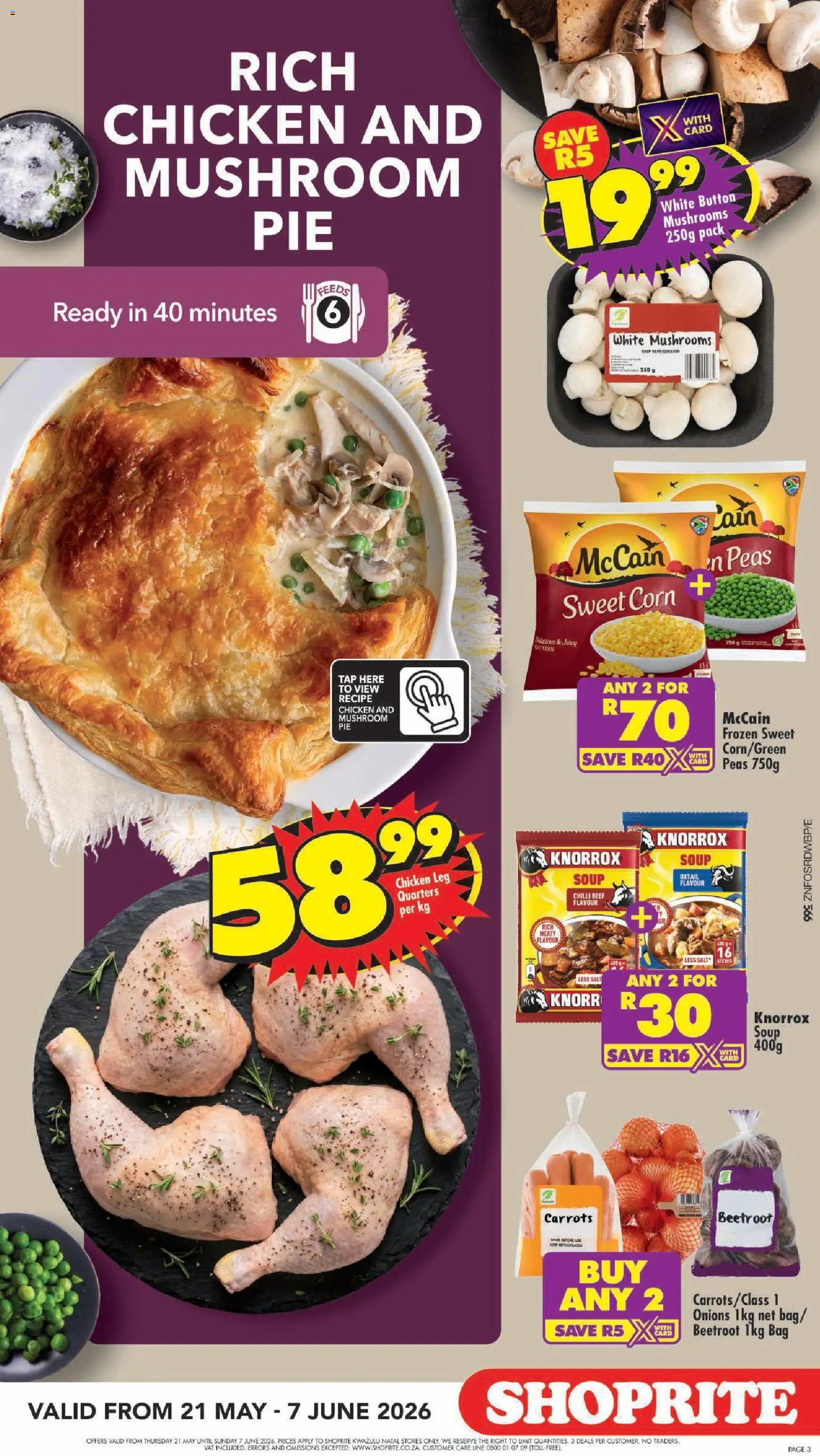 New Shoprite catalogue – valid from 21.05.2026 | Page: 3 | Products: Corn, Mushrooms, Bag, Chicken