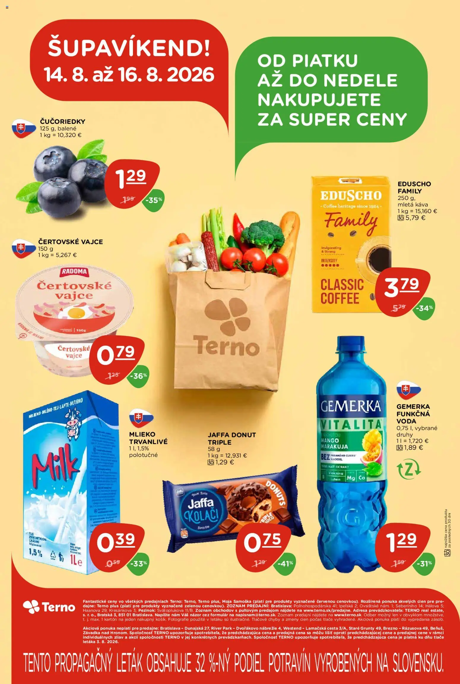 Nové Terno akcie – leták je platný od 13.08.2026 | Strana: 28 | Produkty: Mlieko, Donut, Čučoriedky, Voda