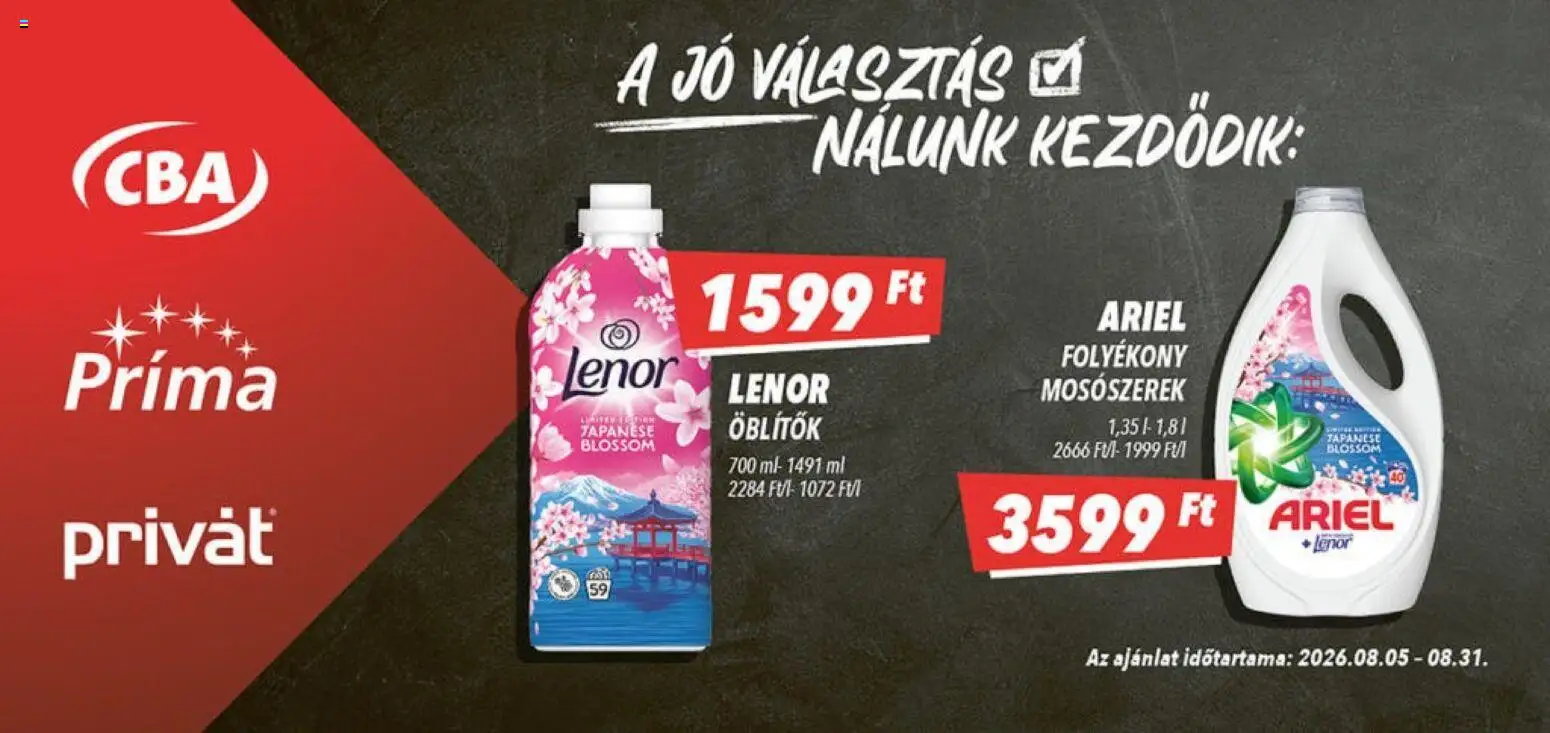 CBA Príma akciós ujság - amely érvényes a következő dátumtól: 2026.08.05. | Oldal: 1 | Termékek: Ariel, Mosószerek