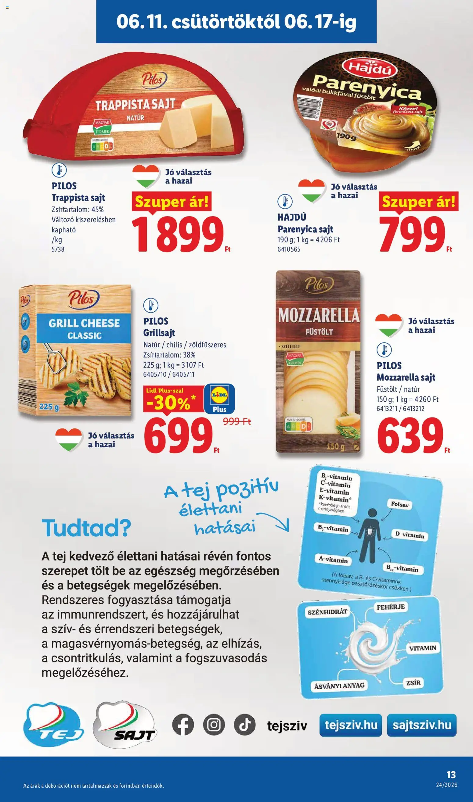 Lidl akciós ujság - amely érvényes a következő dátumtól: 11.06.2026 | Oldal: 13 | Termékek: Mozzarella, Parenyica, Sajt, Parenyica sajt
