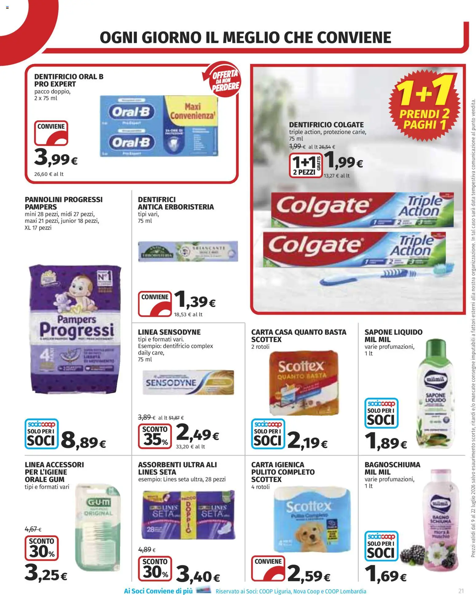 Volantino COOP del 09/07/2026 | Pagina: 21 | Prodotti: Pannolini, Bagnoschiuma, Pampers, Bagno