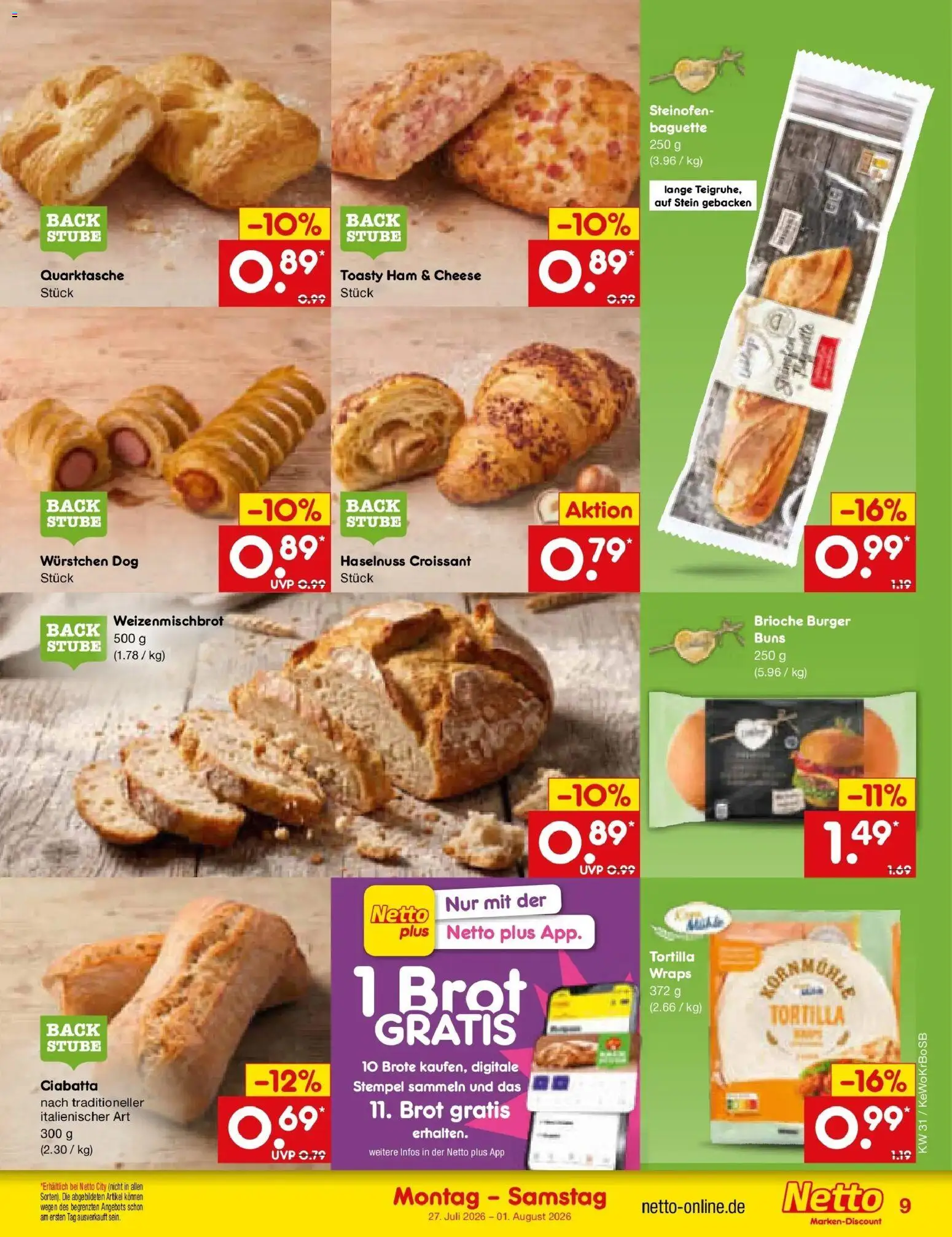 Netto Marken-Discount Prospekt Baesweiler – gültig ab 27.07.2026 | Seite: 11 | Produkte: Burger, Baguette, Croissant, Brot