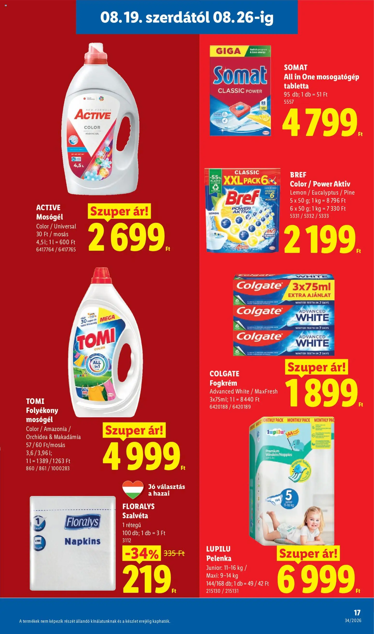 Lidl akciós ujság - amely érvényes a következő dátumtól: 2026.08.19. | Oldal: 17 | Termékek: Mosogatógép, Pelenka, Mosogatógép tabletta, Gél