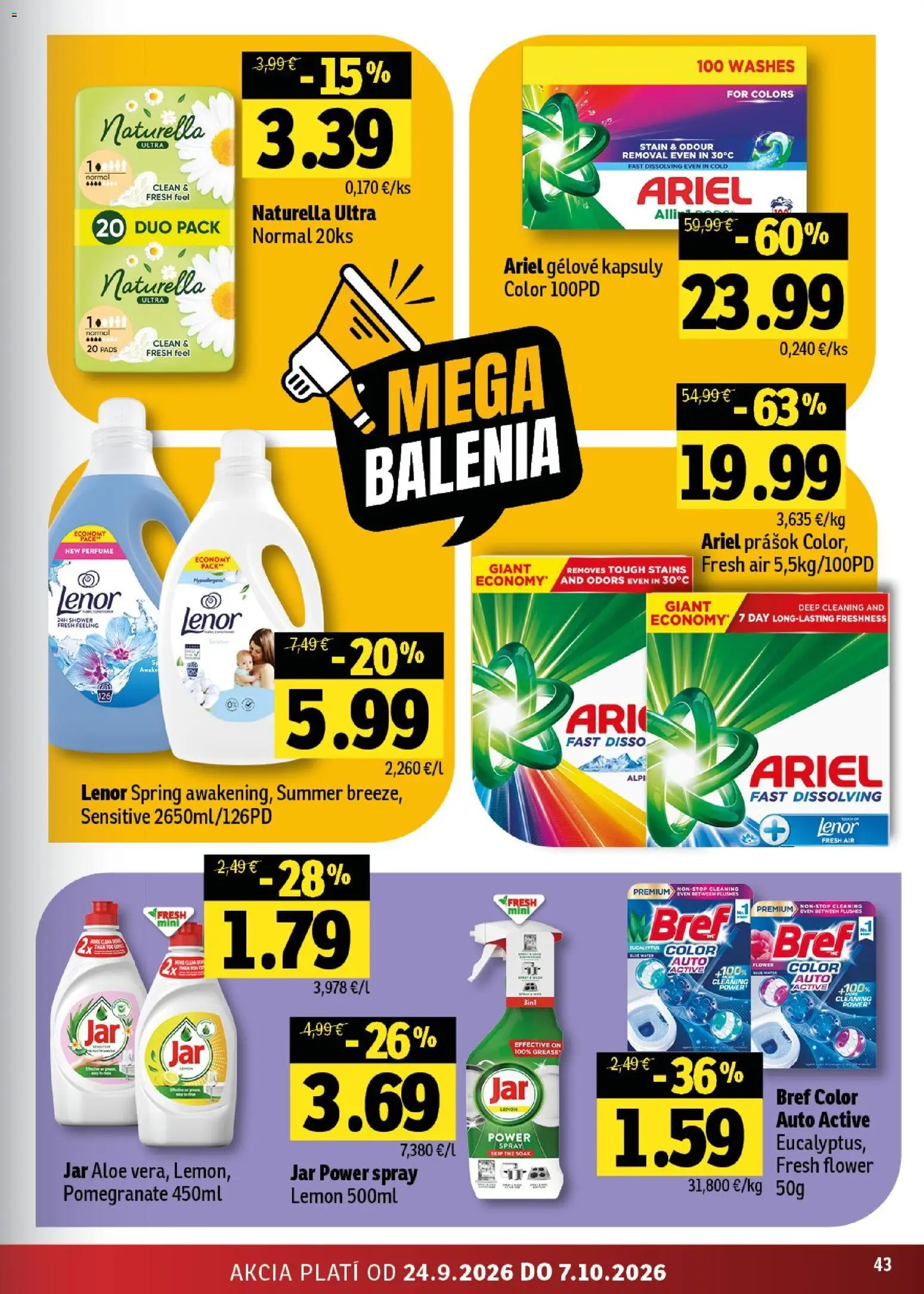 Nové Fresh akcie – leták je platný od 24.09.2026 | Strana: 43 | Produkty: Ariel, Jar, Lenor
