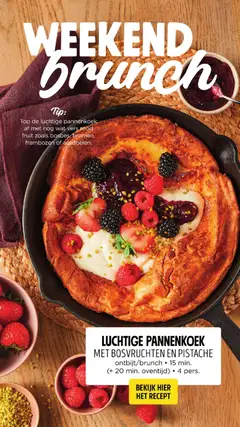 LUCHTIGE PANNENKOEK MET BOSVRUCHTEN EN PISTACHE, Luchtige pannenkoek met bosvruchten en pistache, ontbijt/brunch, 15 min. (+ 20 min. oventijd), 4 pers. - Voorbeeld van een folder van Jumbo, geldig van 24-08-2026 | Pagina: 55