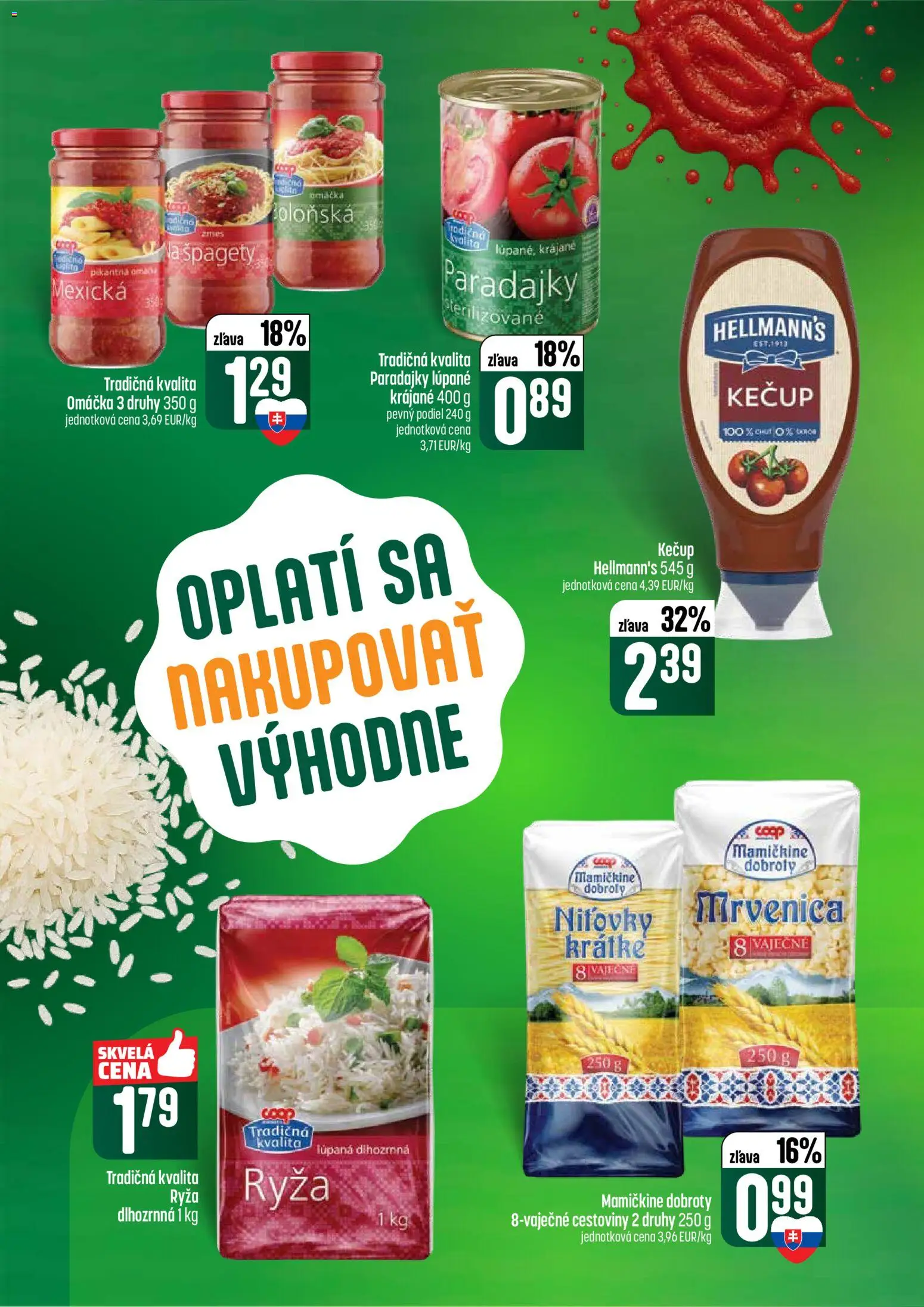 Nové COOP Jednota akcie – leták je platný od 21.05.2026 | Strana: 34 | Produkty: Paradajky, Ryža, Cestoviny, Omáčka