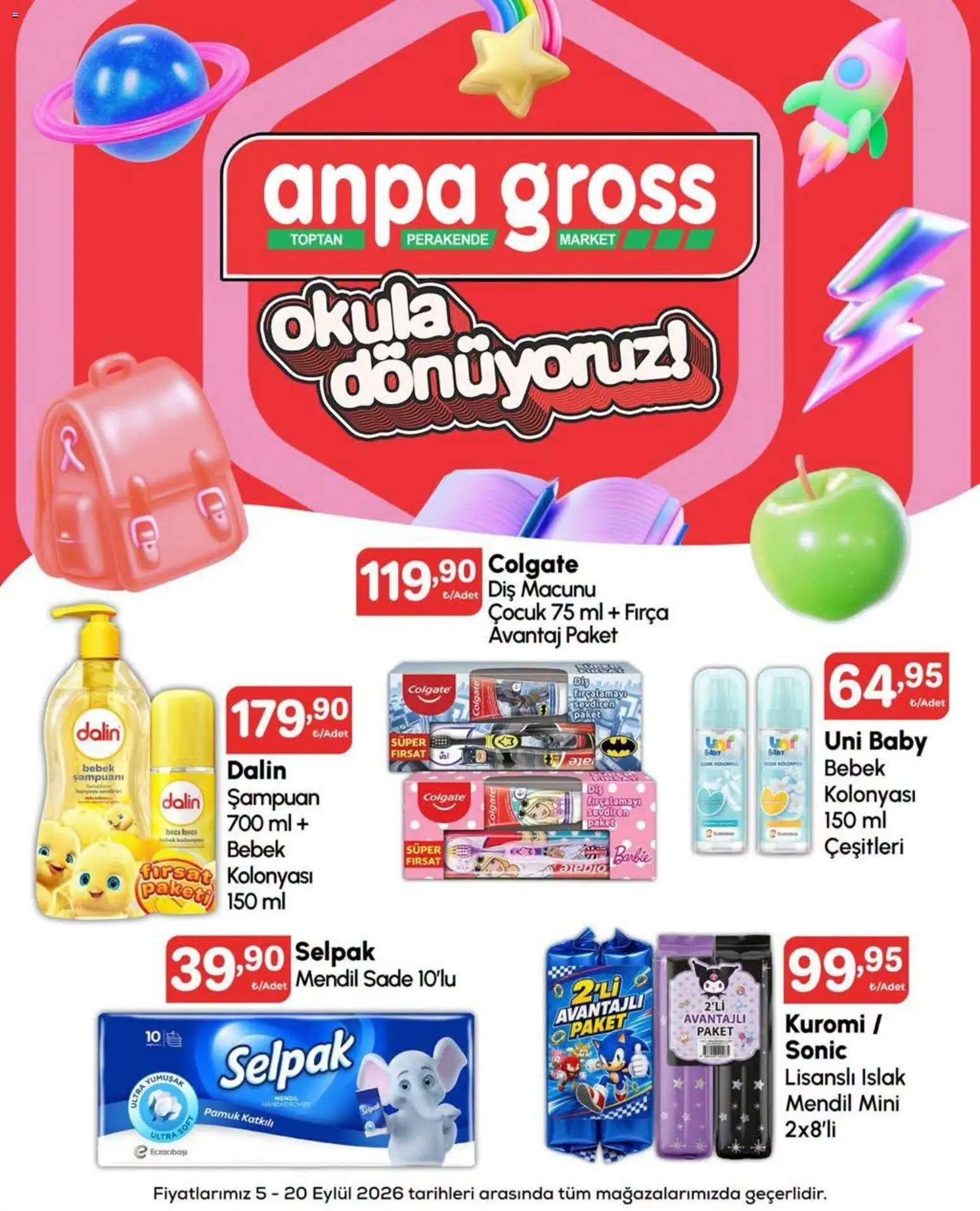 Anpa Gross - Okula dönüş - 05 Eylül 2026 tarihinden itibaren geçerlidir | Sayfa: 14 | Ürünler: Mendil, Şampuan, Fırça, Diş macunu