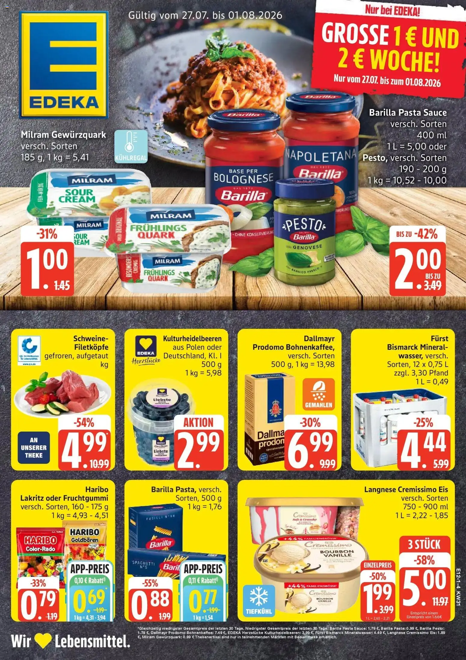Edeka Prospekt Woldegk – gültig ab 27.07.2026 | Seite: 1 | Produkte: Haribo, Barilla, Milram, Dallmayr prodomo