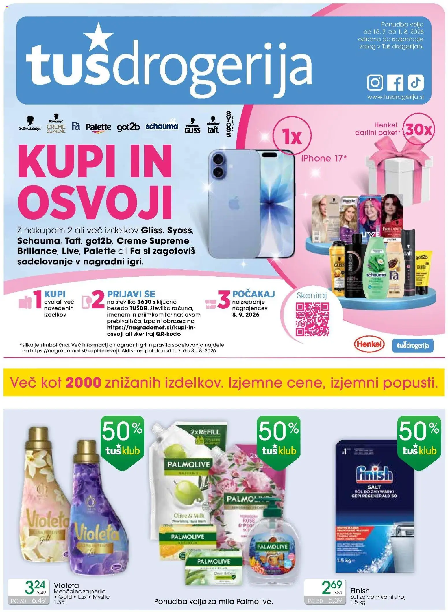 Novi Tuš drogerija katalog ponudbe – veljaven od 15.07.2026 | Stran: 1 | Izdelki: Mehčalec, Sol za pomivalni stroj, Olive, Sol