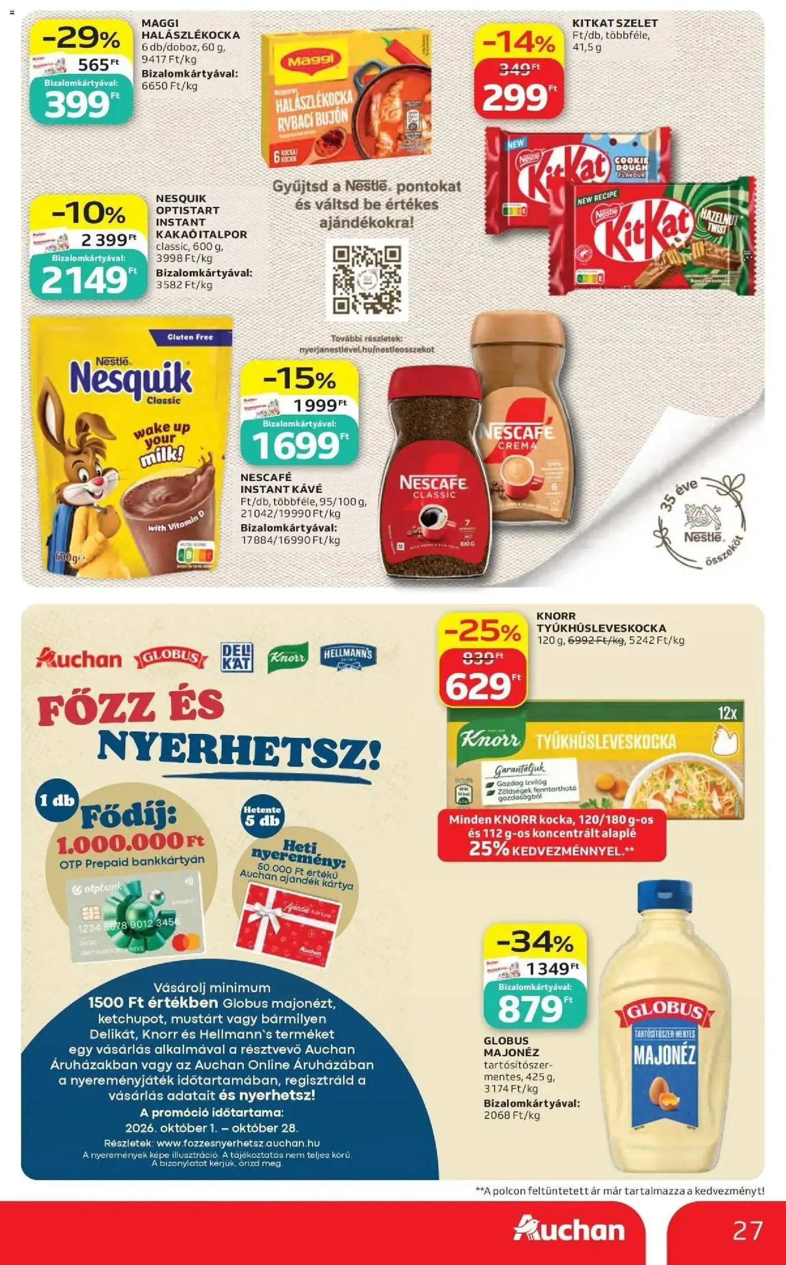 Auchan akciós újság Szolnok - 2026.10.01. -tól/töl > akció, lapozható szórólap 🛍️ | Oldal: 27 | Termékek: Nestlé, Nesquik, KitKat, Majonéz