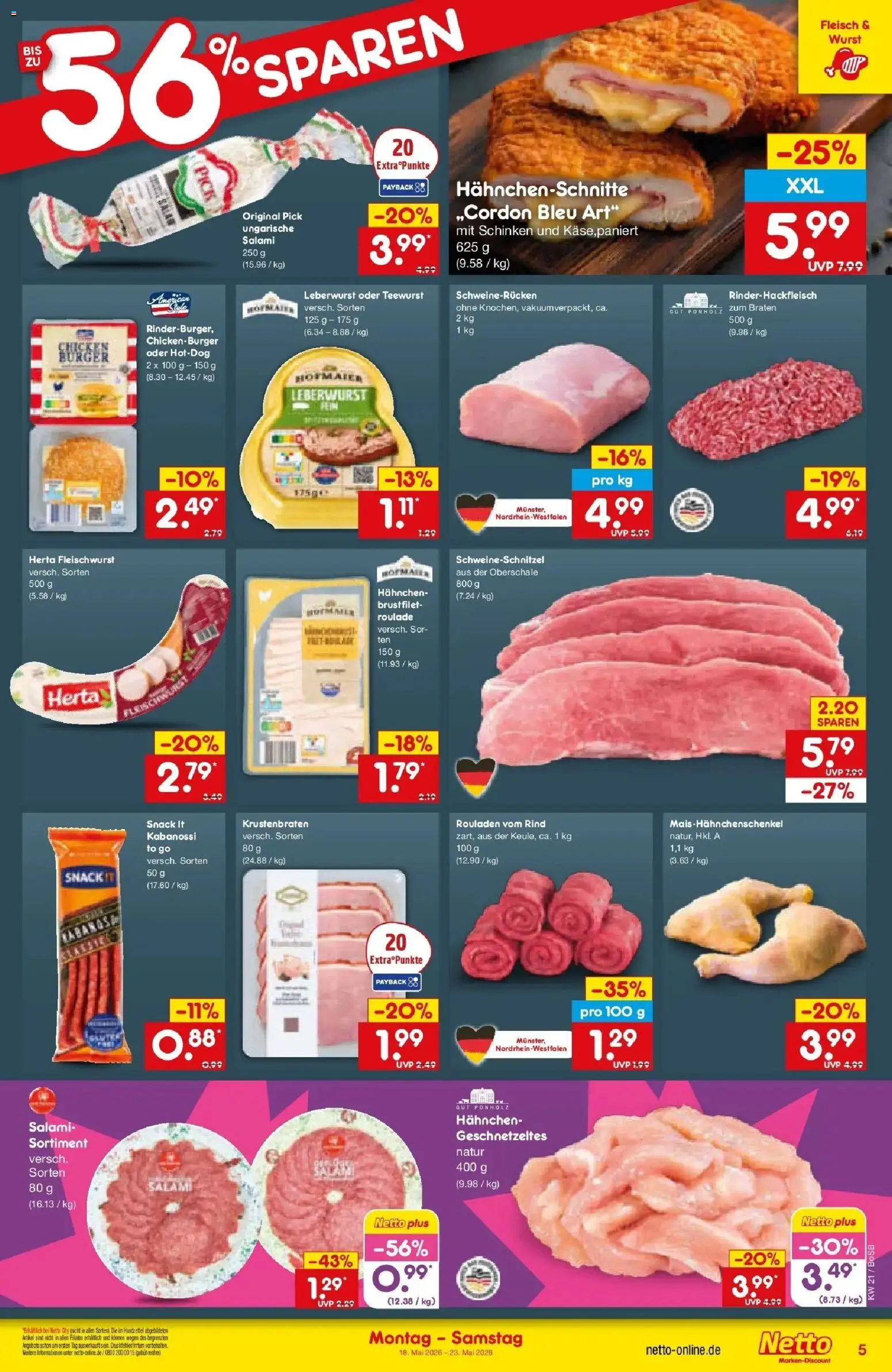 Netto Marken-Discount Prospekt Stadtlohn	 – gültig ab 18.05.2026 | Seite: 5 | Produkte: Hahnchen, Krustenbraten, Wurst, Salami