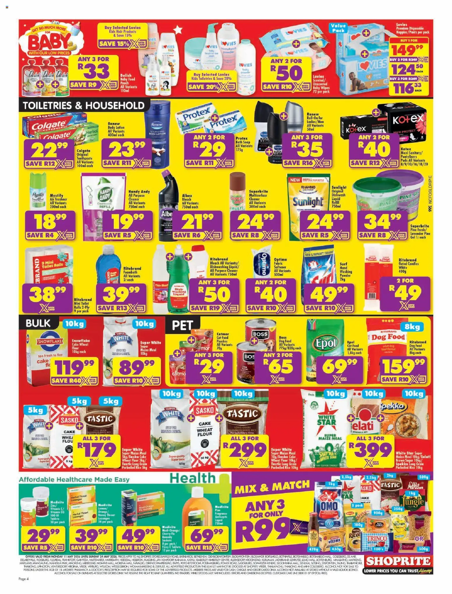 New Shoprite catalogue – valid from 11.05.2026 | Page: 4 | Products: Bath, Powder, Soap, Baby food