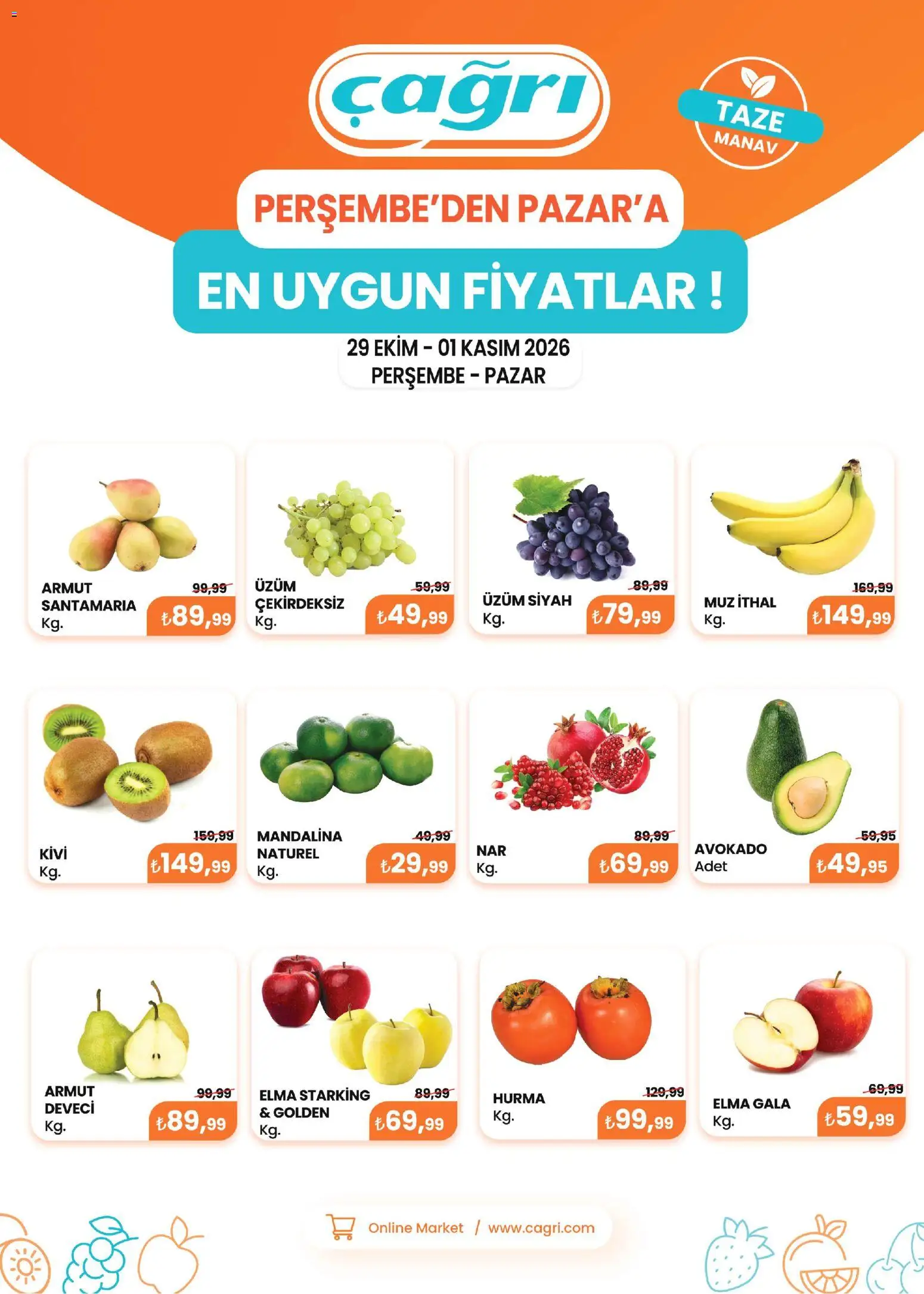 Çağrı Market - Manav Katalog - 29 Ekim 2026 tarihinden itibaren geçerlidir | Sayfa: 1 | Ürünler: Muz, Mandalina, Üzüm, Armut