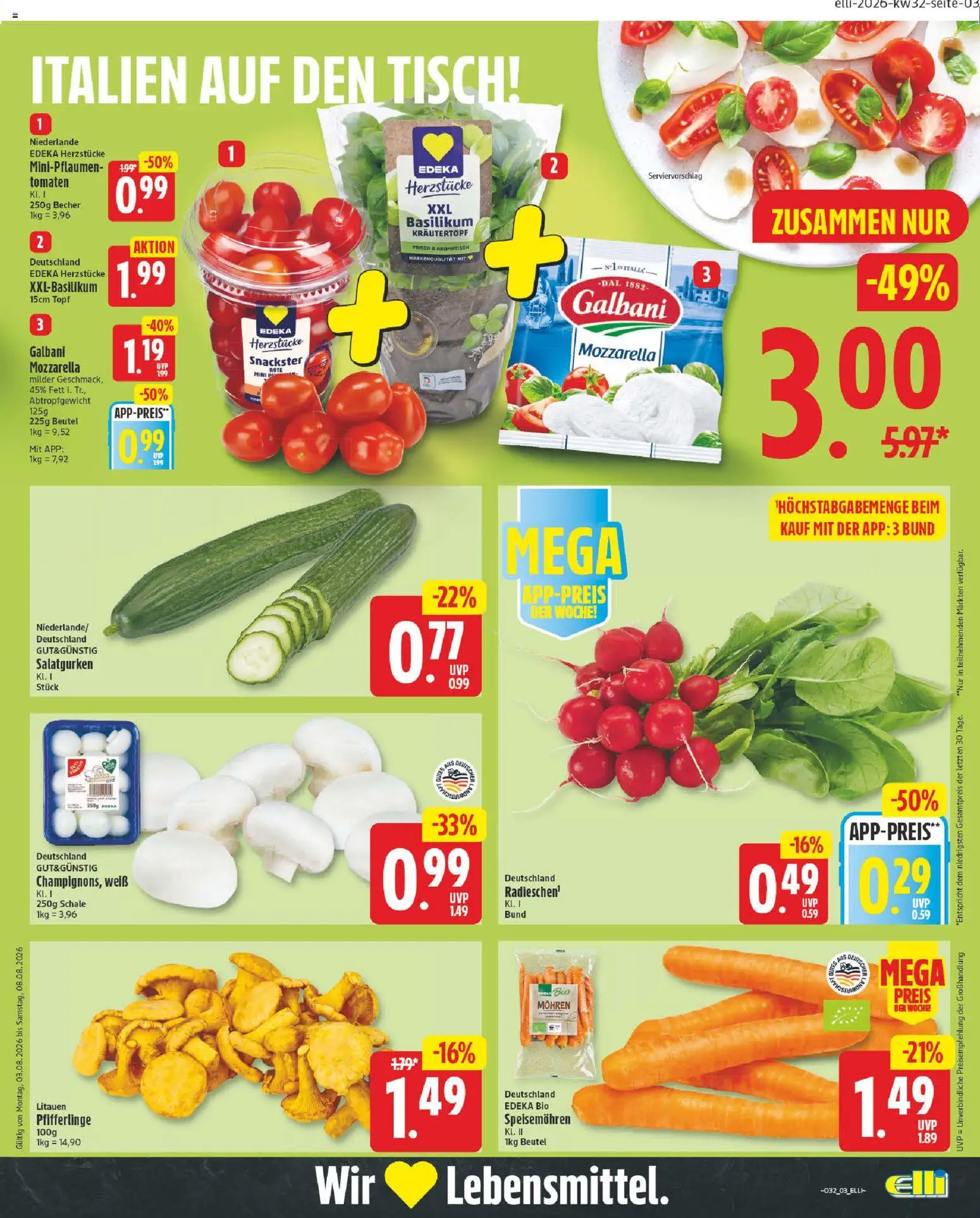 Elli Markt Prospekt Gütersloh – gültig ab 03.08.2026 | Seite: 3 | Produkte: Tisch, Mozzarella, Tomaten, Mohren