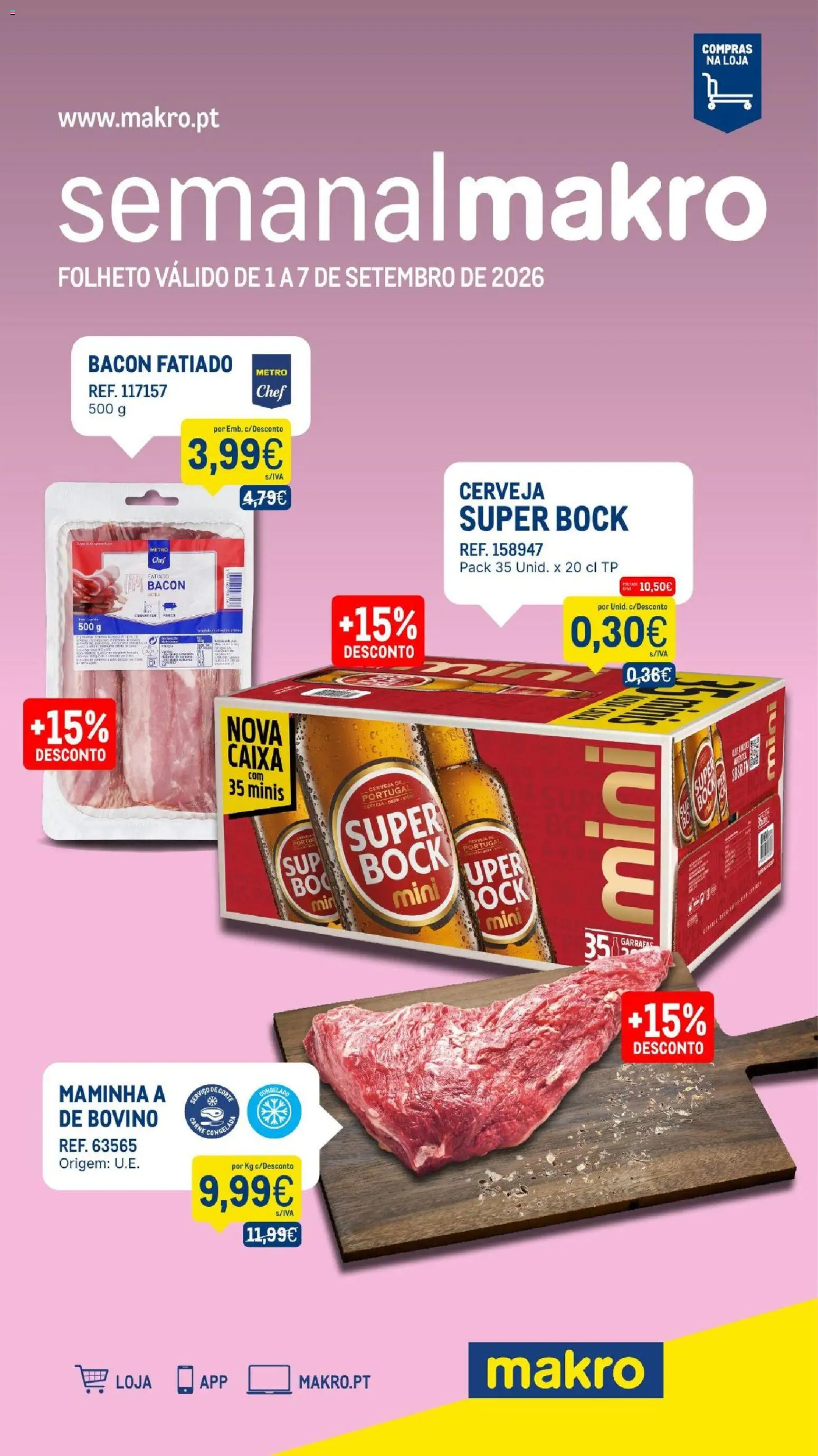 Makro folheto │ válido de 01/09/2026 | Página: 1 | Produtos: Bacon, Super bock, Caixa, Cerveja