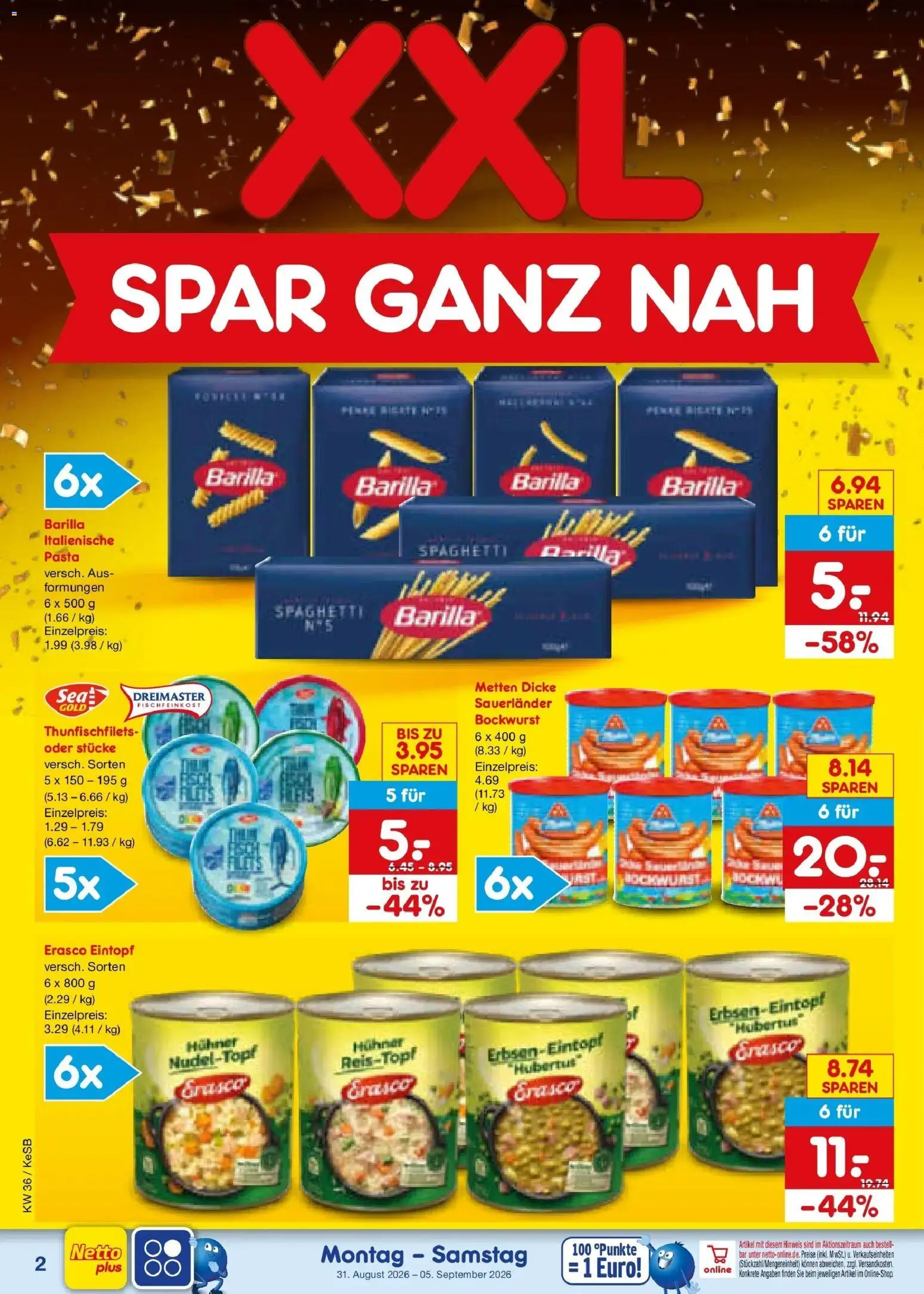 Netto Marken-Discount Prospekt Bonn (ab 31.08.2026) » Angebote | Seite: 4 | Produkte: Bockwurst, Spaghetti, Pasta, Erasco