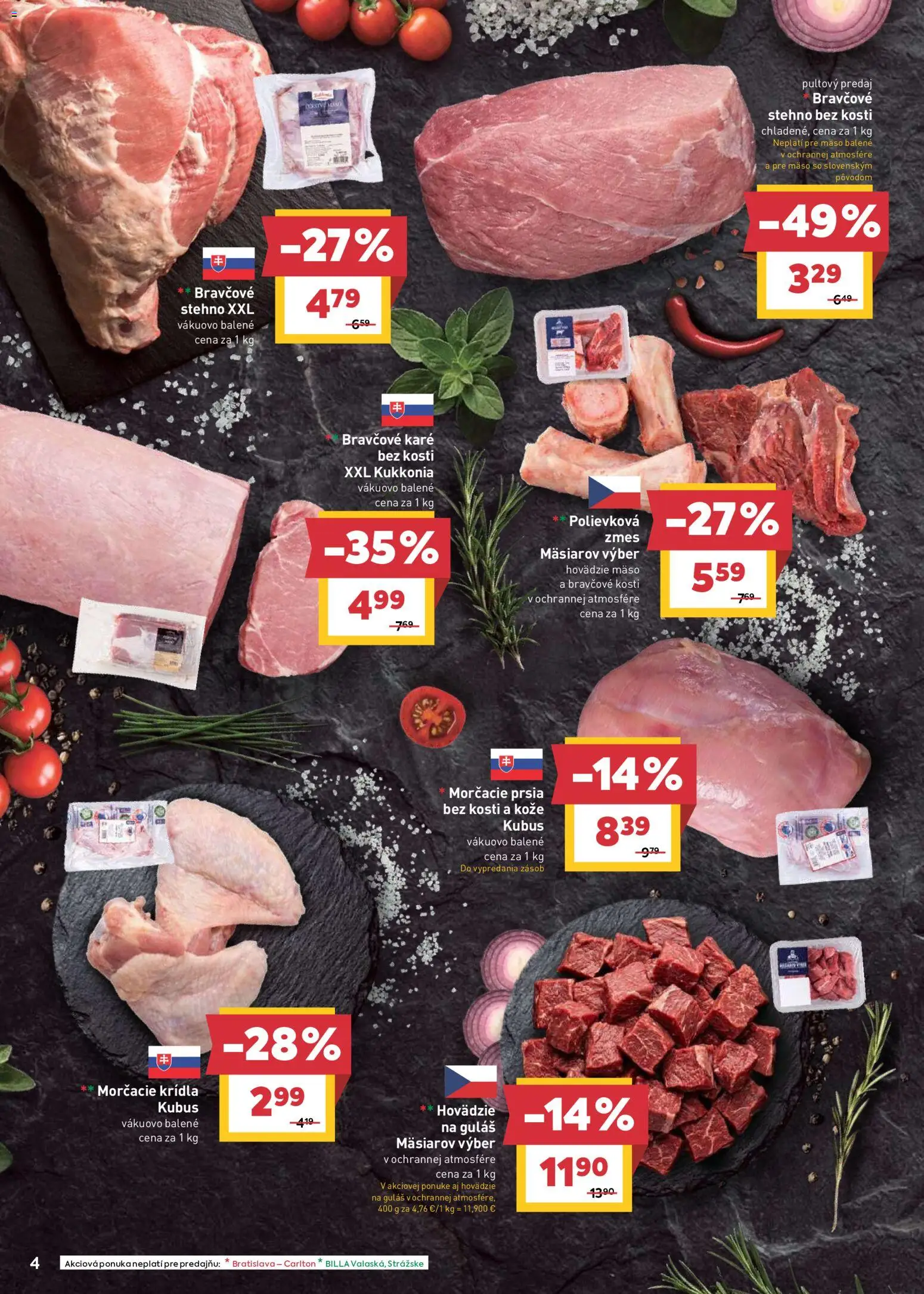 Nové Billa akcie – leták je platný od 29.07.2026 | Strana: 4 | Produkty: Bravčové stehno, Mäso, Morčacie prsia, Bravčové karé
