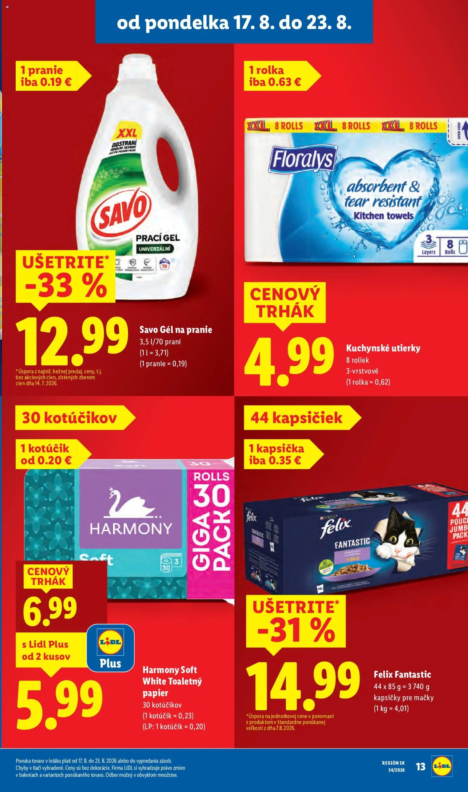 Nové Lidl akcie – leták je platný od 17.08.2026 | Strana: 17 | Produkty: Felix, Savo, Prací gél, Kapsičky pre mačky