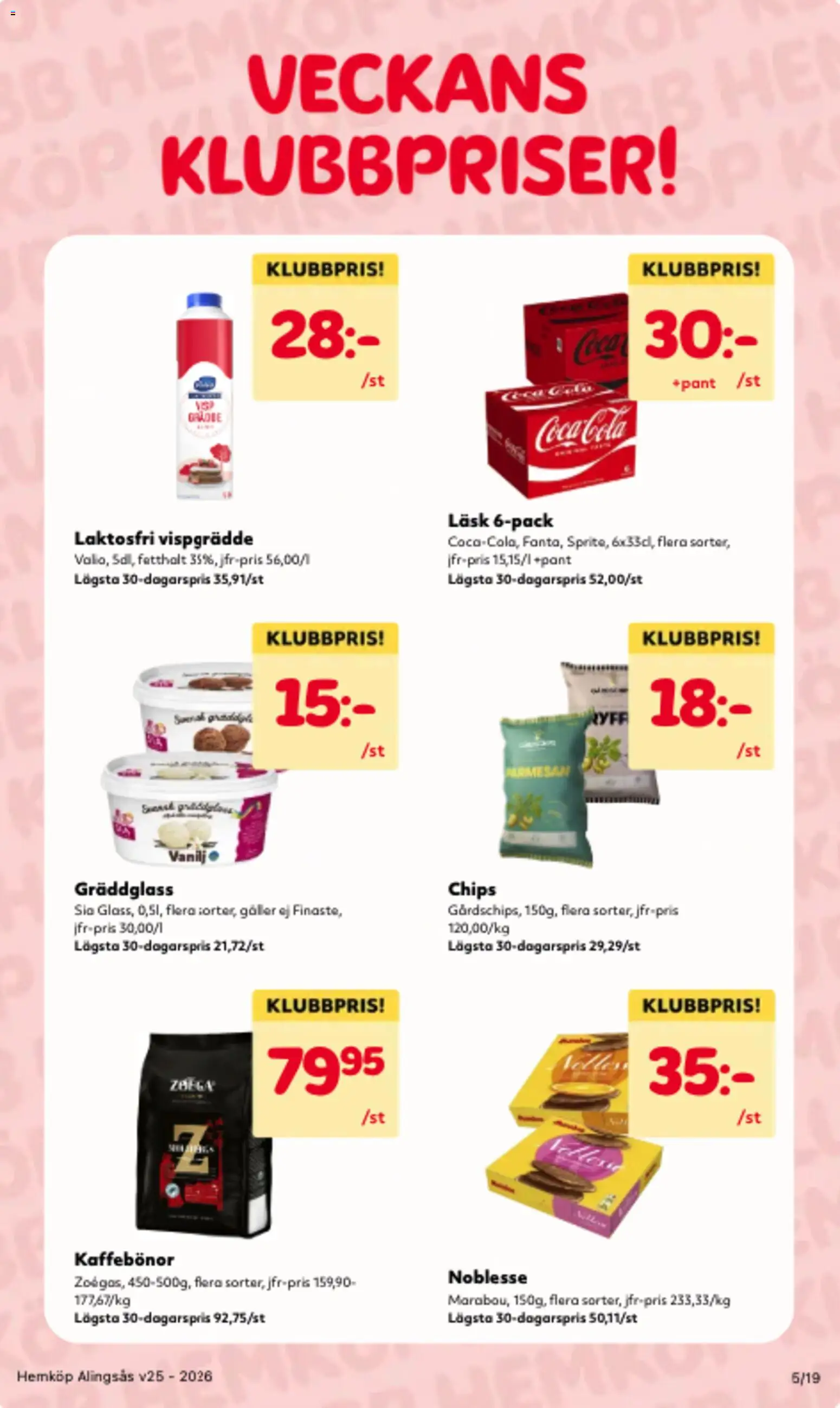Hemköp reklamblad aktuell från 15.06.2026 | Sida: 5 | Produkter: Chips, Coca cola, Glass, Vispgrädde