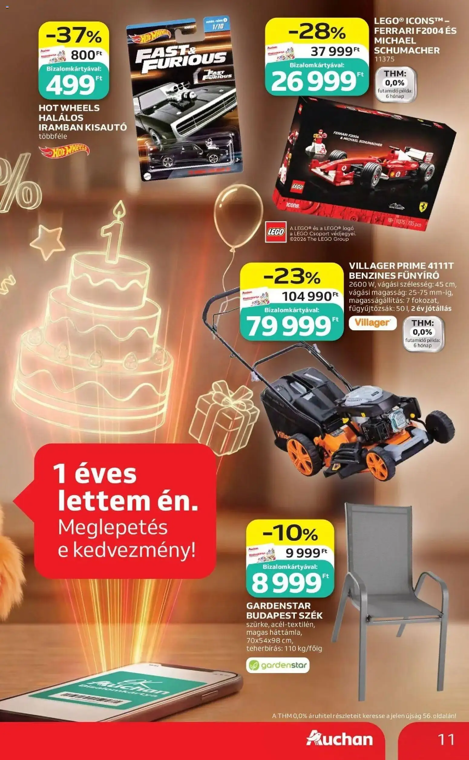 Auchan akciós ujság - amely érvényes a következő dátumtól: 14.05.2026 | Oldal: 11 | Termékek: Szék, Fűnyíró, Benzines fűnyíró