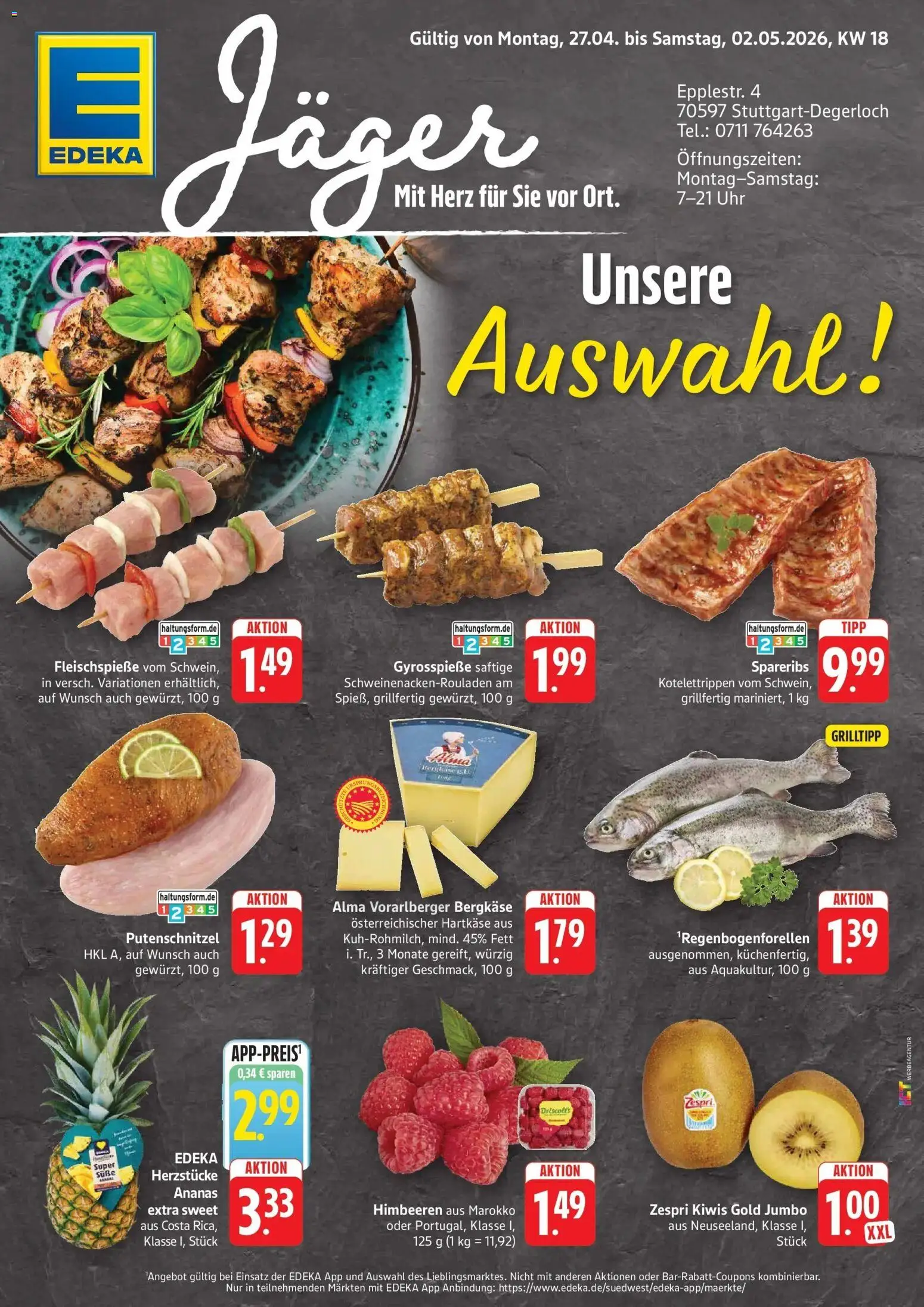 Edeka prospekt Stuttgart-Degerloch	 – gültig ab 27.04.2026 | Seite: 1 | Produkte: Himbeeren, Ananas, Putenschnitzel, Uhr