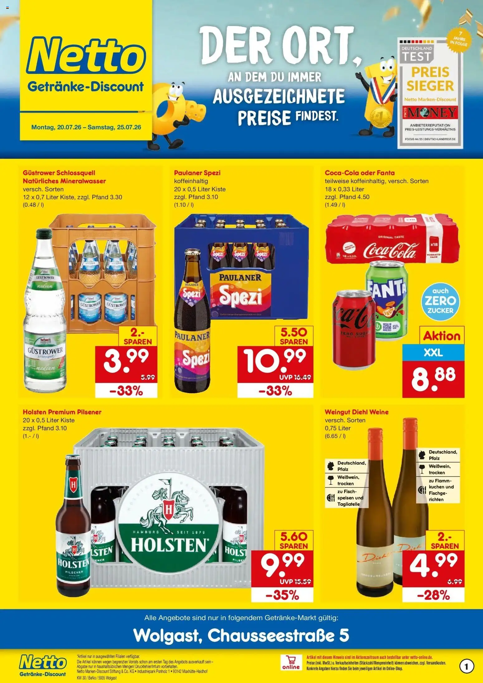Netto Marken-Discount Prospekt Wolgast – gültig ab 20.07.2026 | Seite: 1 | Produkte: Fanta, Paulaner spezi, Holsten, Zucker