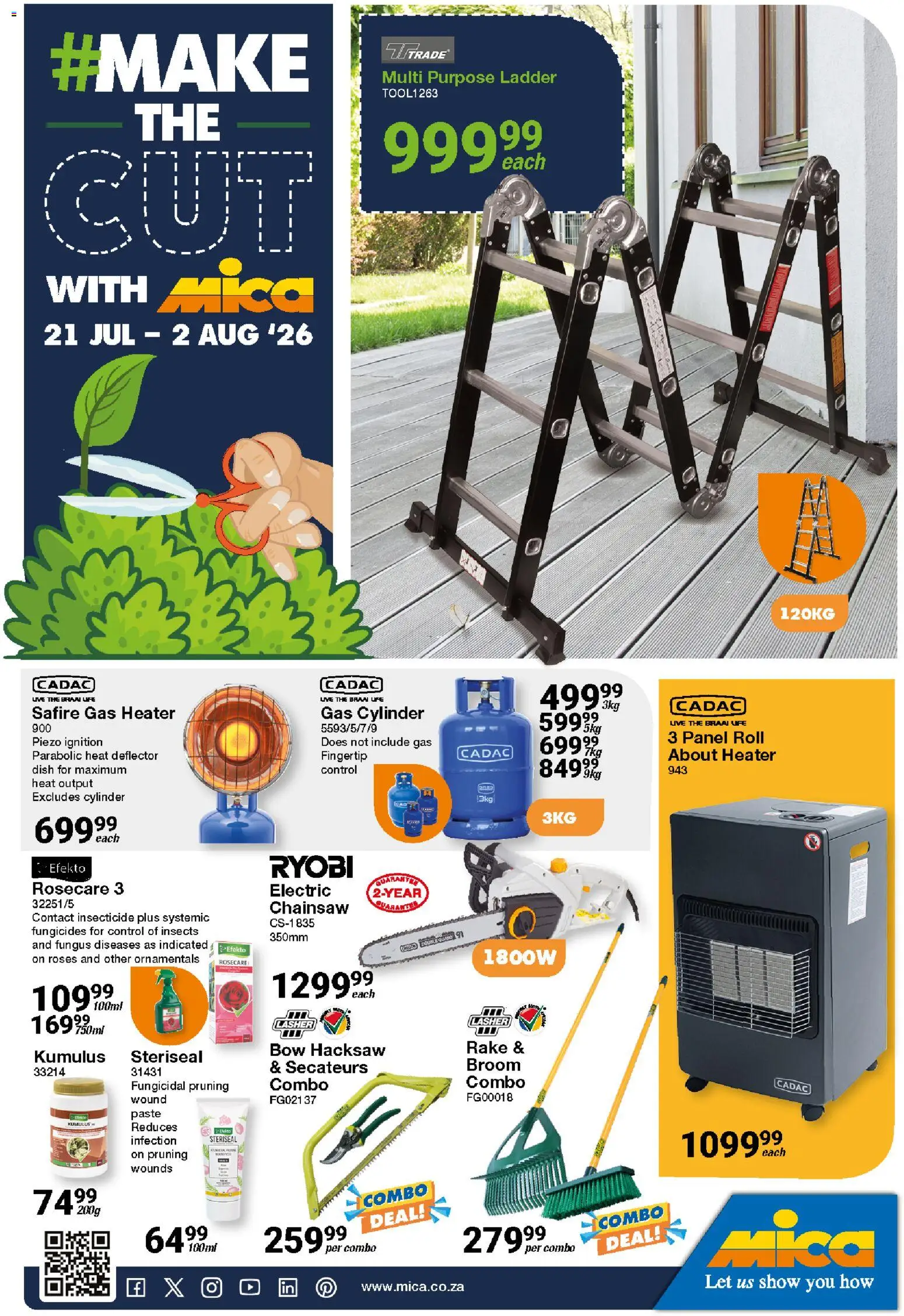 New MICA catalogue – valid from 21/07/2026 | Page: 1 | Products: Chainsaw, Broom, Heater, Hacksaw