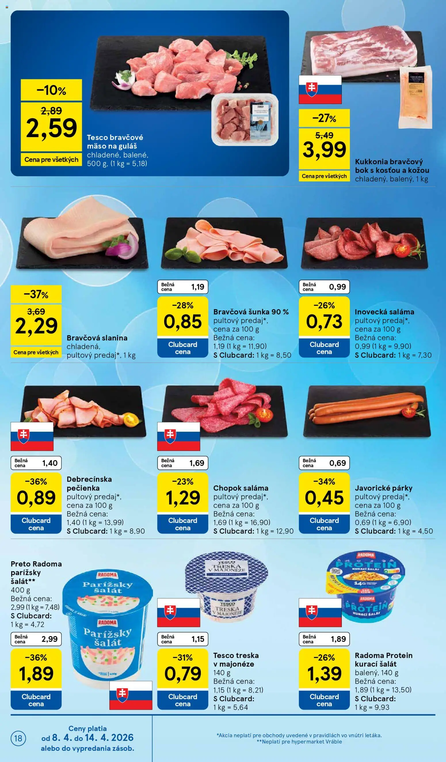 Nové Tesco akcie – leták je platný od 08.04.2026 | Strana: 18 | Produkty: Slanina, Protein, Šalát, Treska