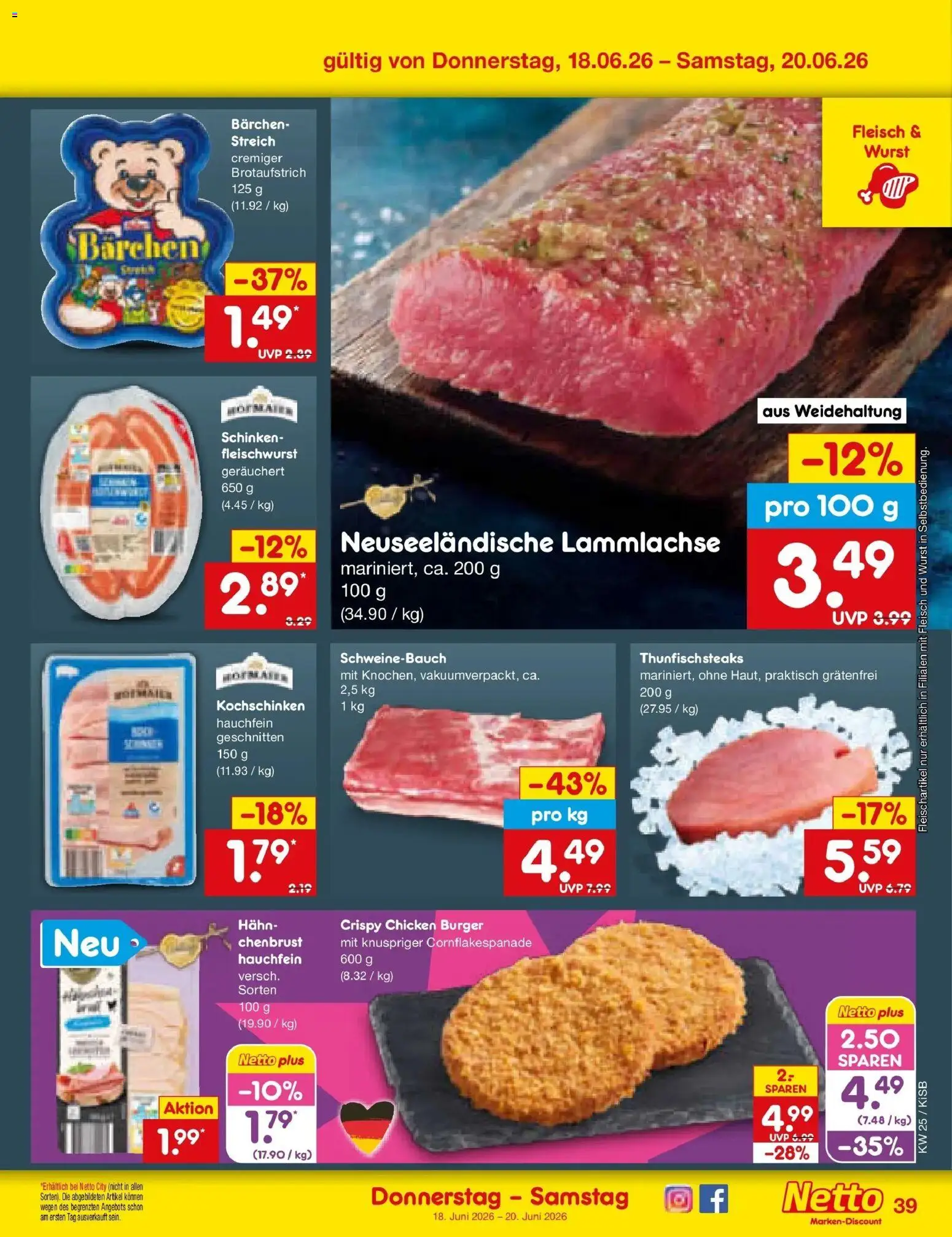 Netto Marken-Discount Prospekt Oberhaid – gültig ab 15.06.2026 | Seite: 51 | Produkte: Schweinebauch, Burger, Wurst, Fleisch