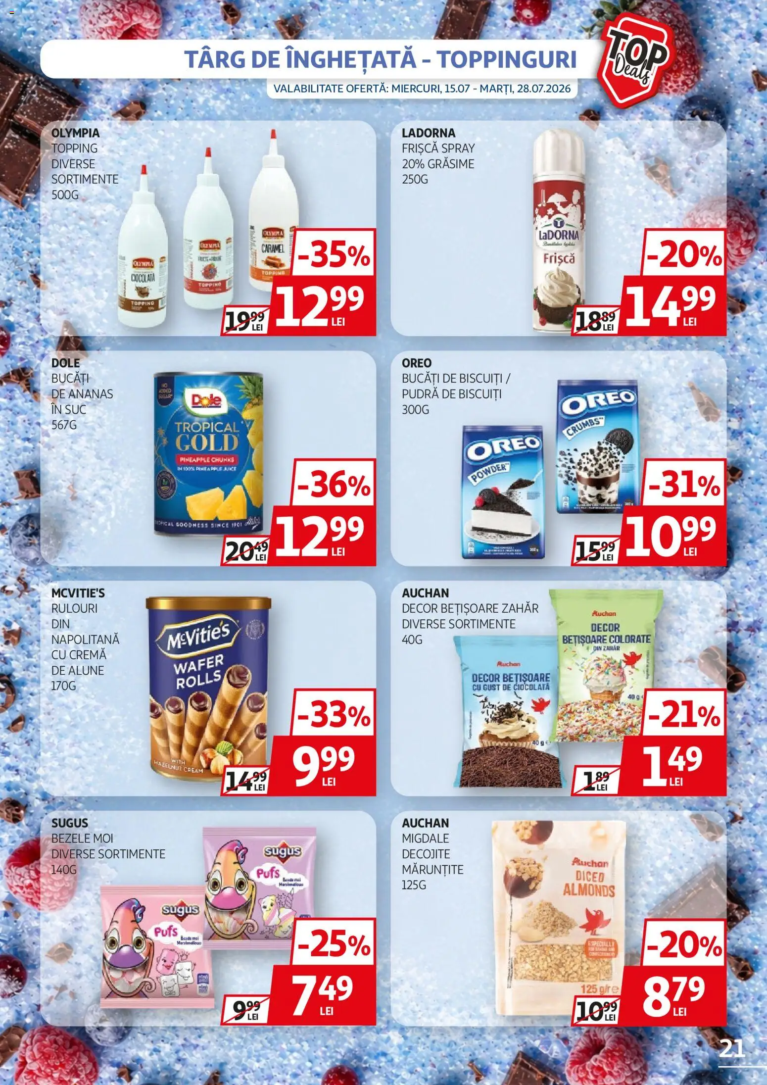 Noul catalog Auchan – valabil de la 15.07.2026 | Pagină: 21 | Produse: Migdale, Ananas, Înghețată, Zahăr