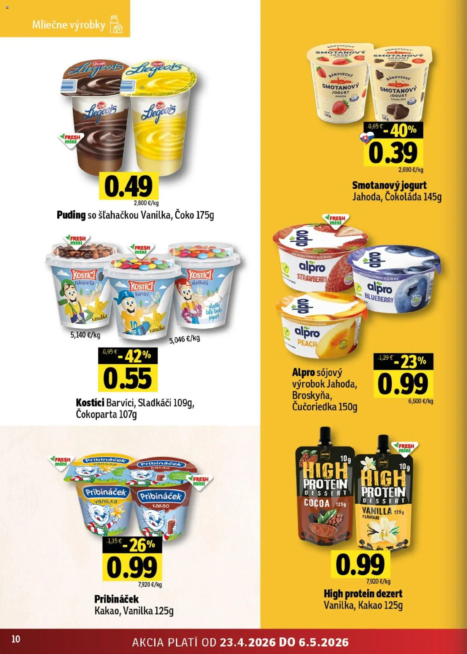 Nové Fresh akcie – leták je platný od 23.04.2026 | Strana: 10 | Produkty: Jogurt, Protein, Puding, Čokoláda
