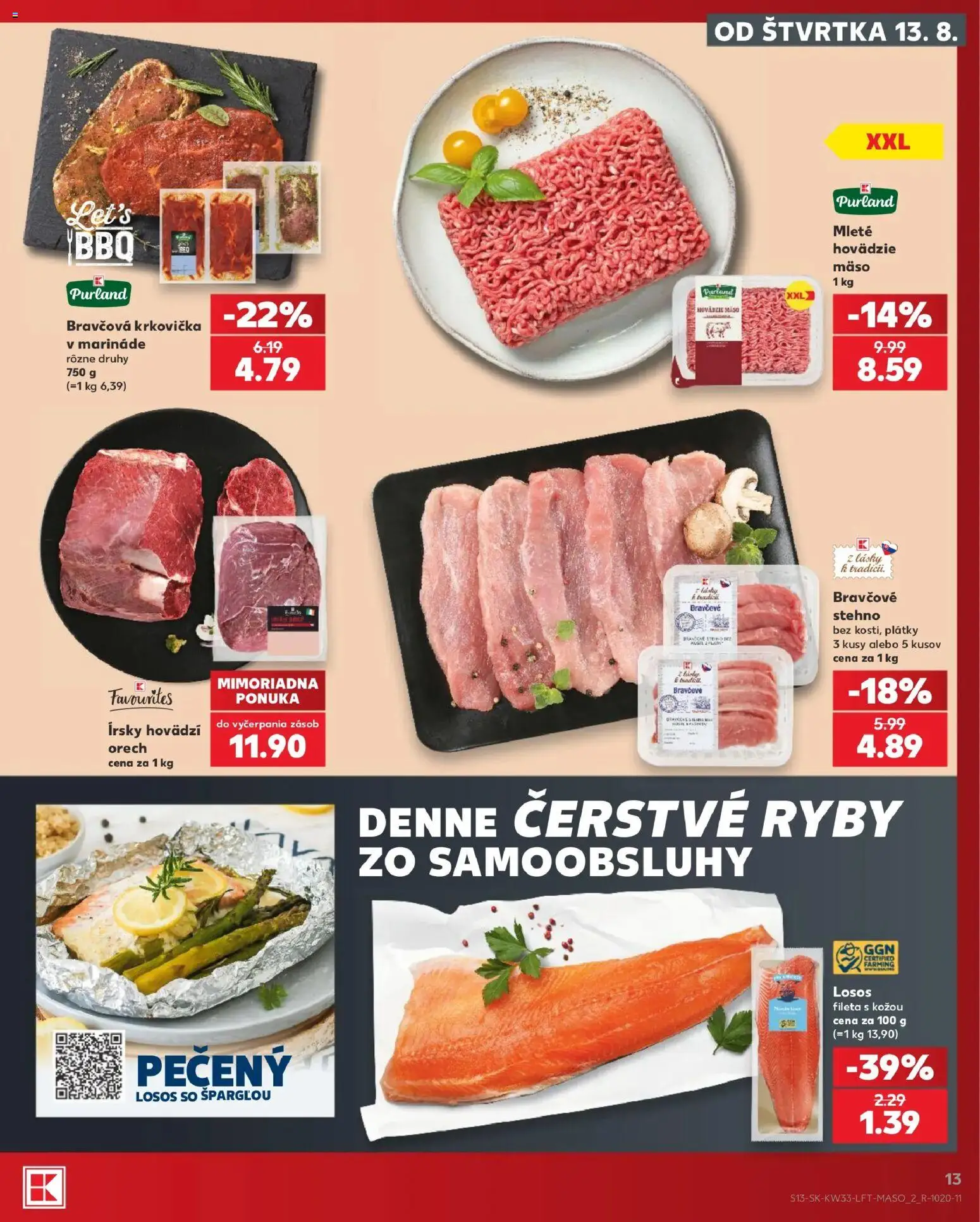 Nové Kaufland akcie – leták je platný od 13.08.2026 | Strana: 13 | Produkty: Ryby, Hovädzie mäso, Mäso, Losos