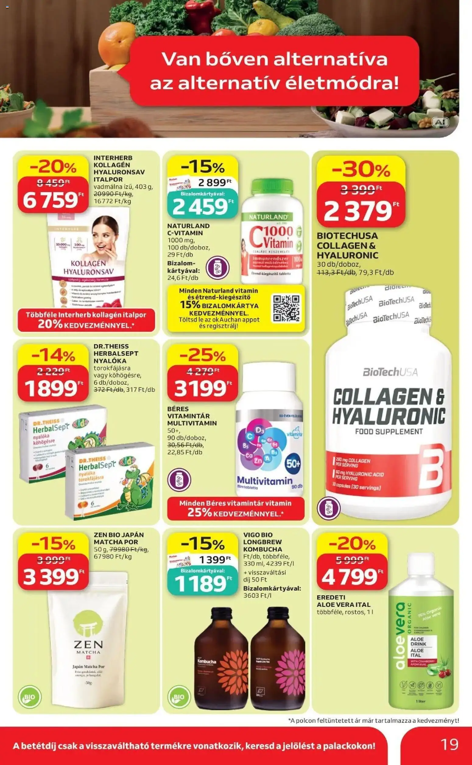 Auchan akciós újság Szolnok - 2026.09.17. -tól/töl > akció, lapozható szórólap 🛍️ | Oldal: 19 | Termékek: Tabletta, Kollagén, Aloe vera ital, Béres