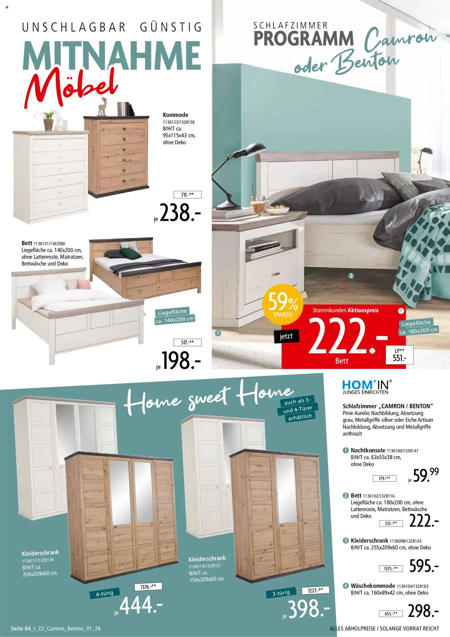 Zurbrüggen Wohnprogramm Camron oder Benton – gültig ab 08.08.2026 | Seite: 4 | Produkte: Bett, Kleiderschrank, Kommode, Bettwäsche