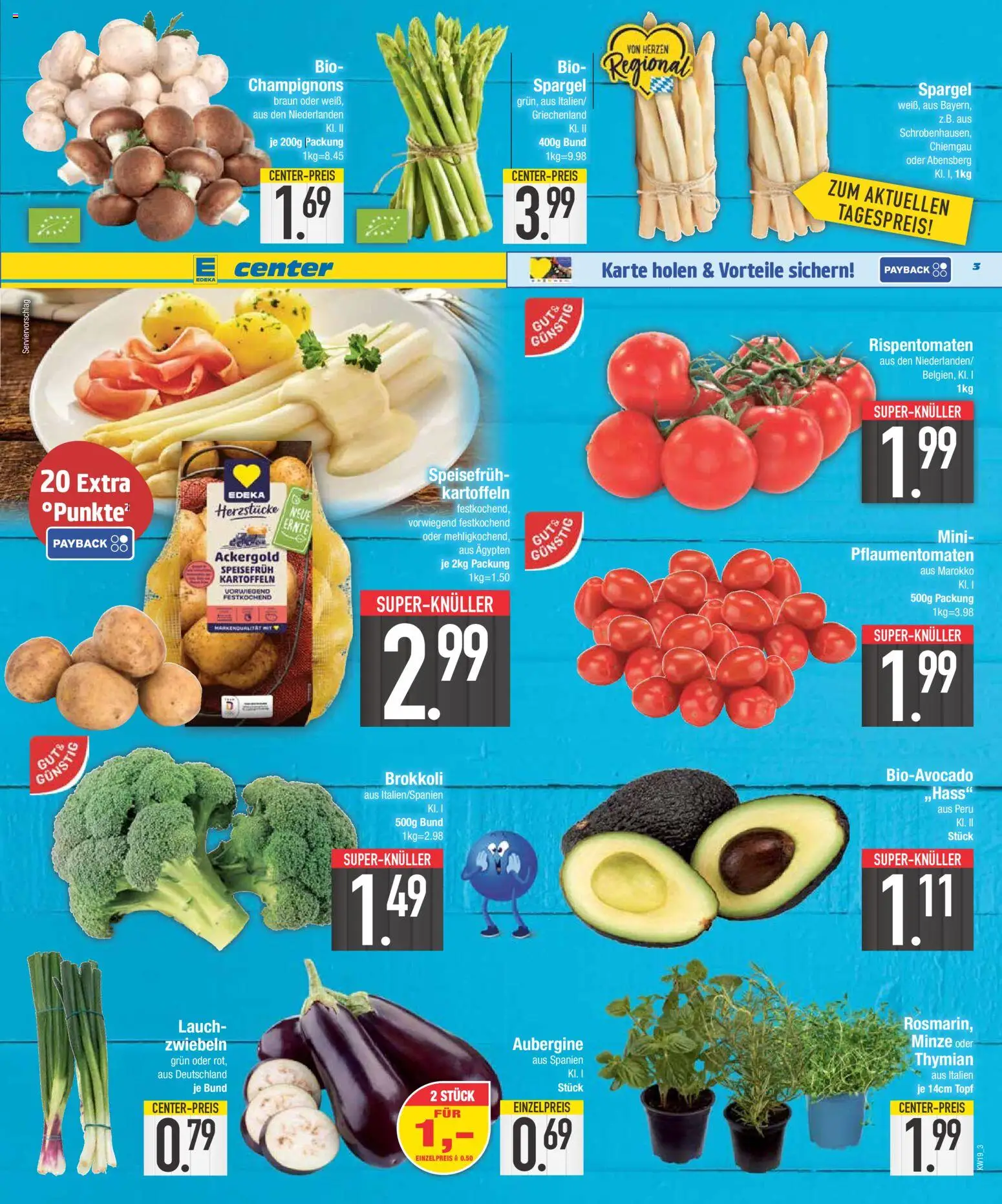 E center Prospekt 	 – gültig ab 04.05.2026 | Seite: 3 | Produkte: Champignons, Kartoffeln, Brokkoli, Aubergine