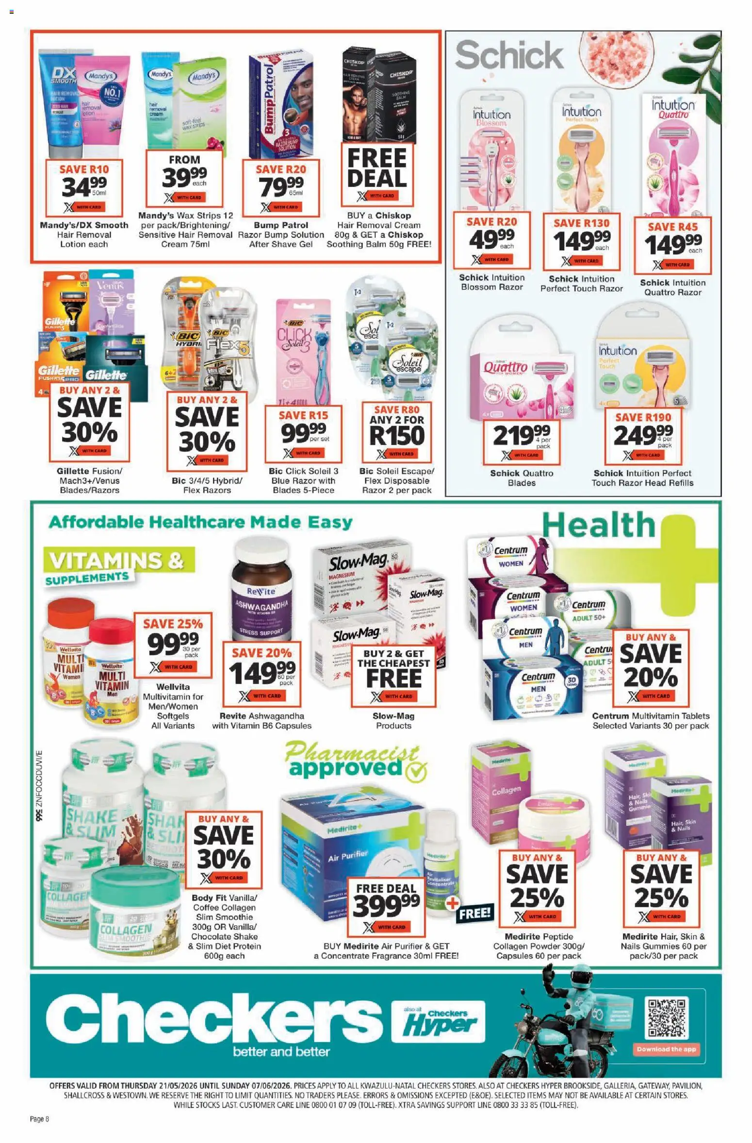 New Checkers catalogue – valid from 21.05.2026 | Page: 8 | Products: Air purifier, Vitamins, Chocolate, Fragrance