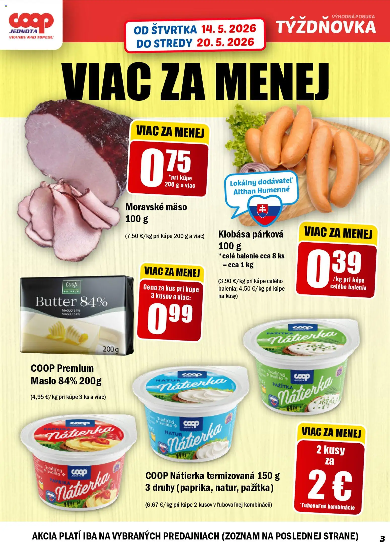 Nové COOP Jednota akcie – leták je platný od 14.05.2026 | Strana: 3 | Produkty: Paprika, Maslo, Pažítka, Klobása