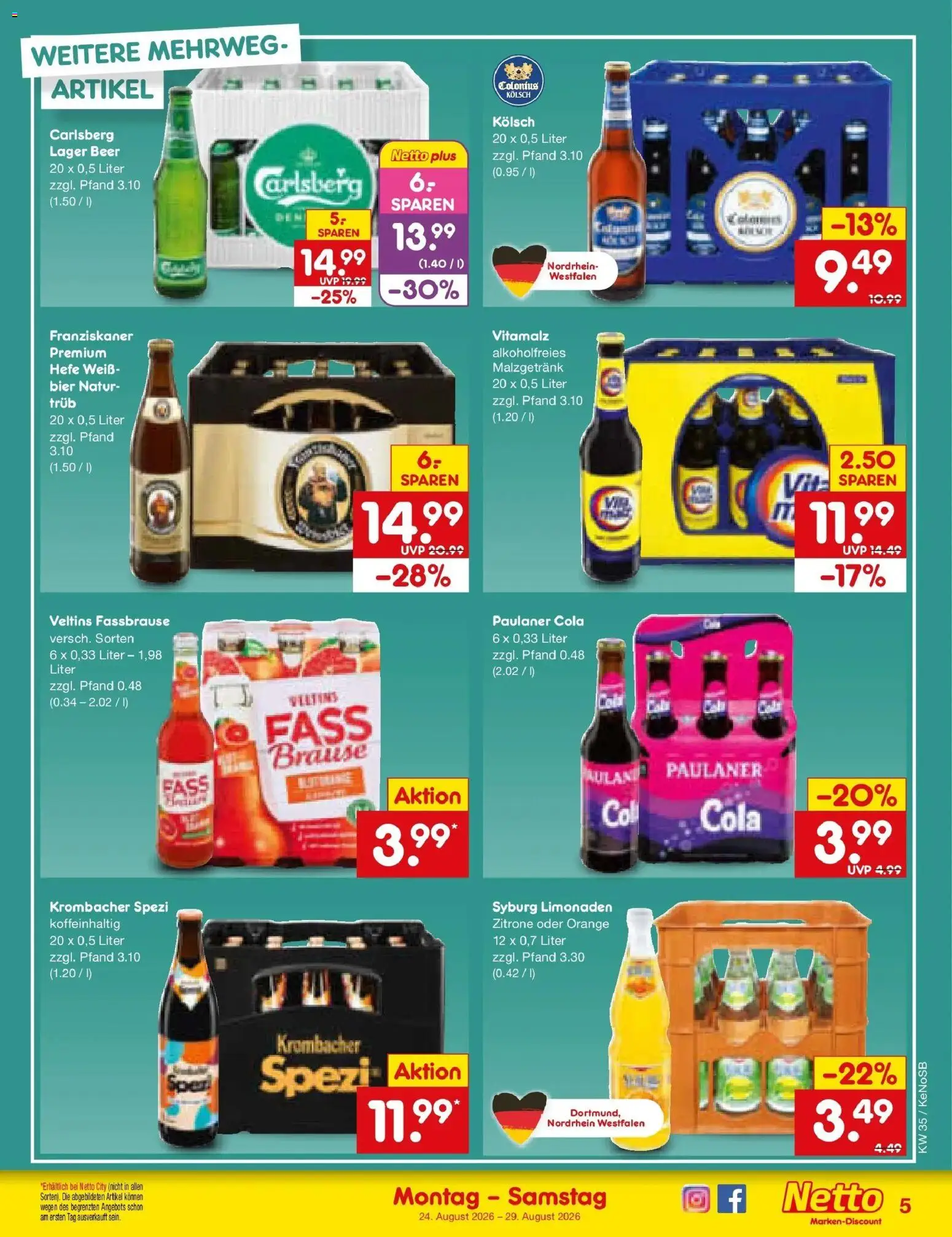 Netto Marken-Discount Prospekt Koblenz (ab 24.08.2026) » Angebote | Seite: 5 | Produkte: Carlsberg, Krombacher, Paulaner, Veltins