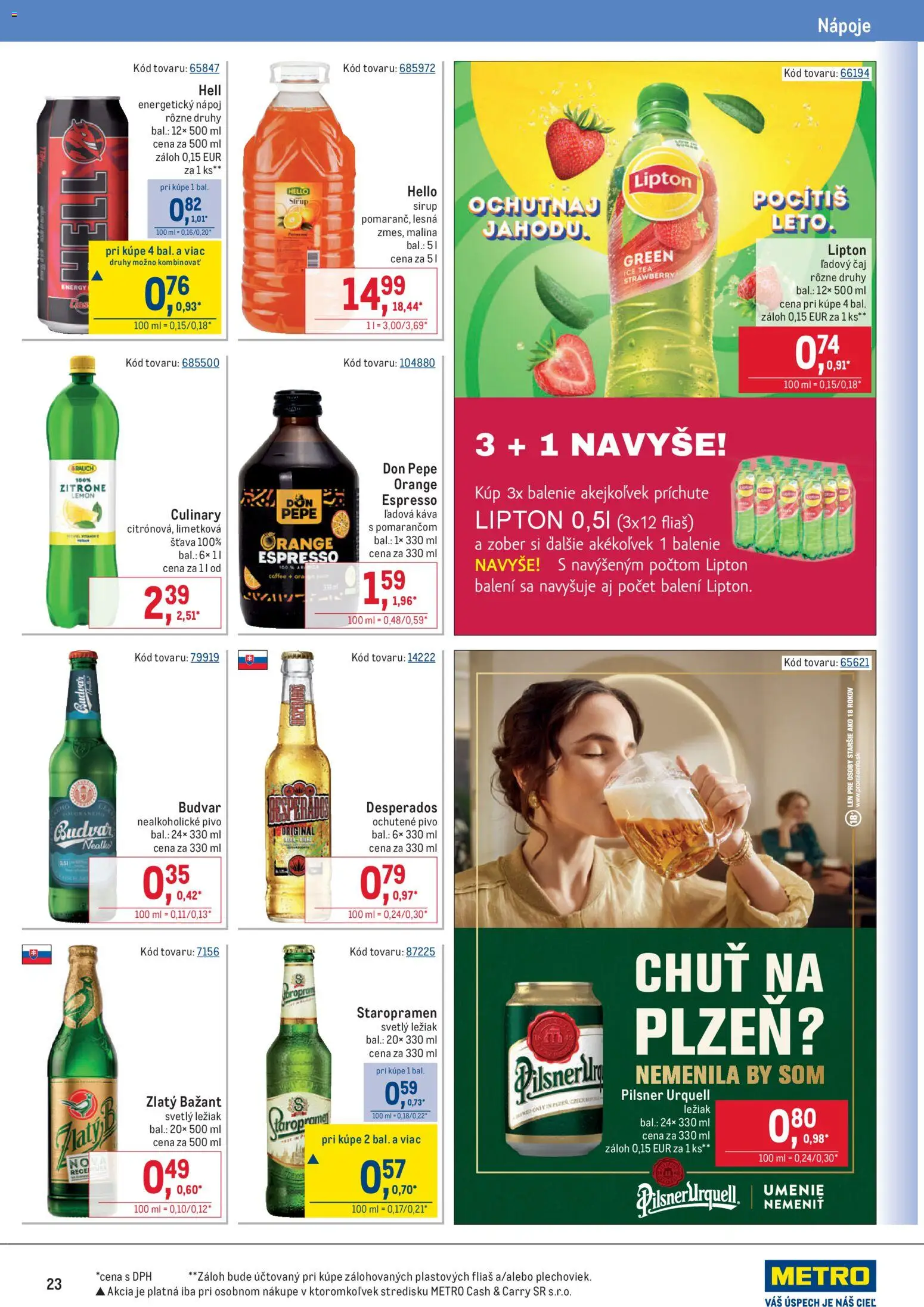 Nové Metro akcie – leták je platný od 25.03.2026 | Strana: 23 | Produkty: Budvar, Staropramen, Nealkoholické pivo, Energetický nápoj