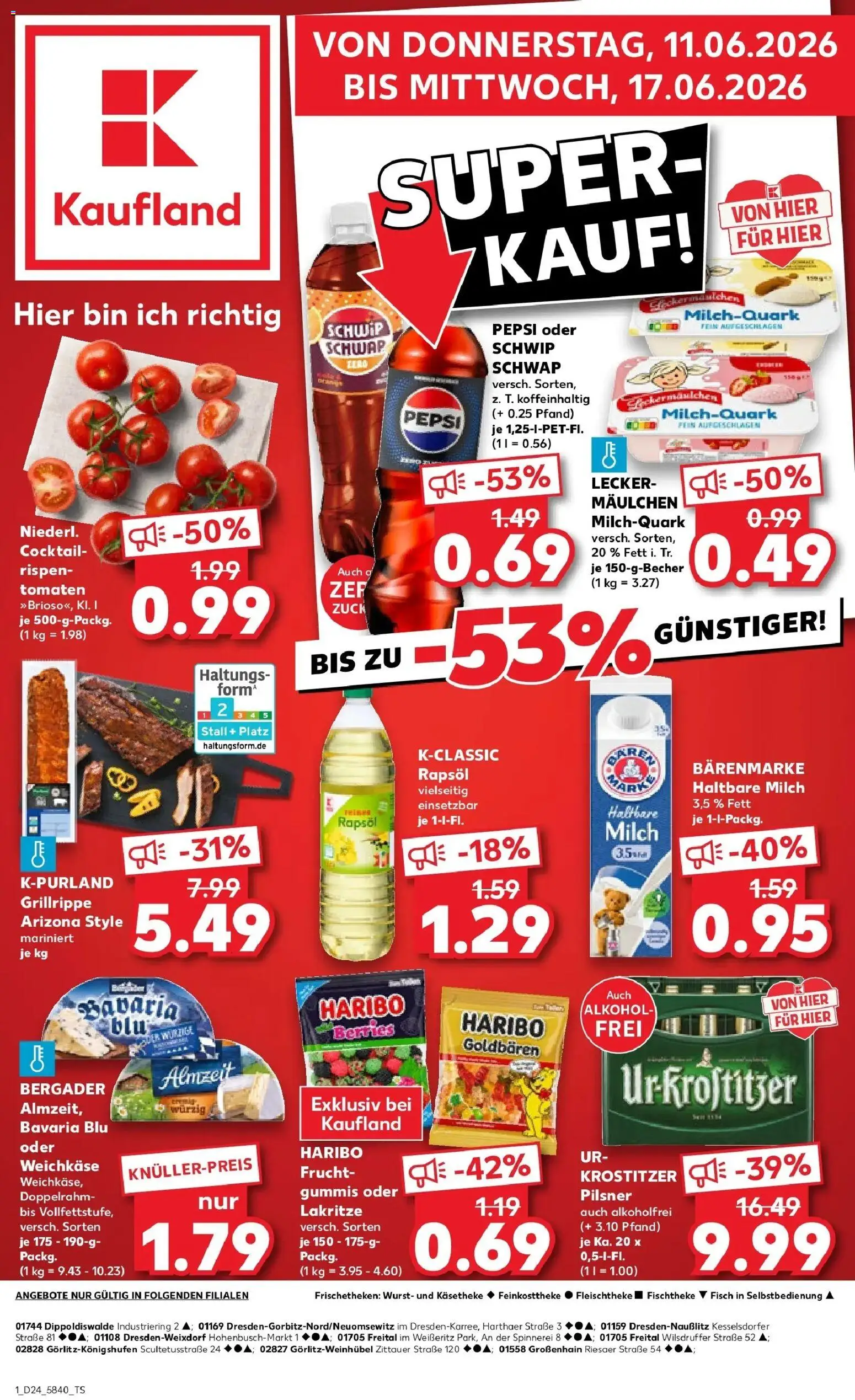 Kaufland Prospekt Großenhain – gültig ab 11.06.2026 | Seite: 1 | Produkte: Haribo, Milch, Schwip schwap, Fisch