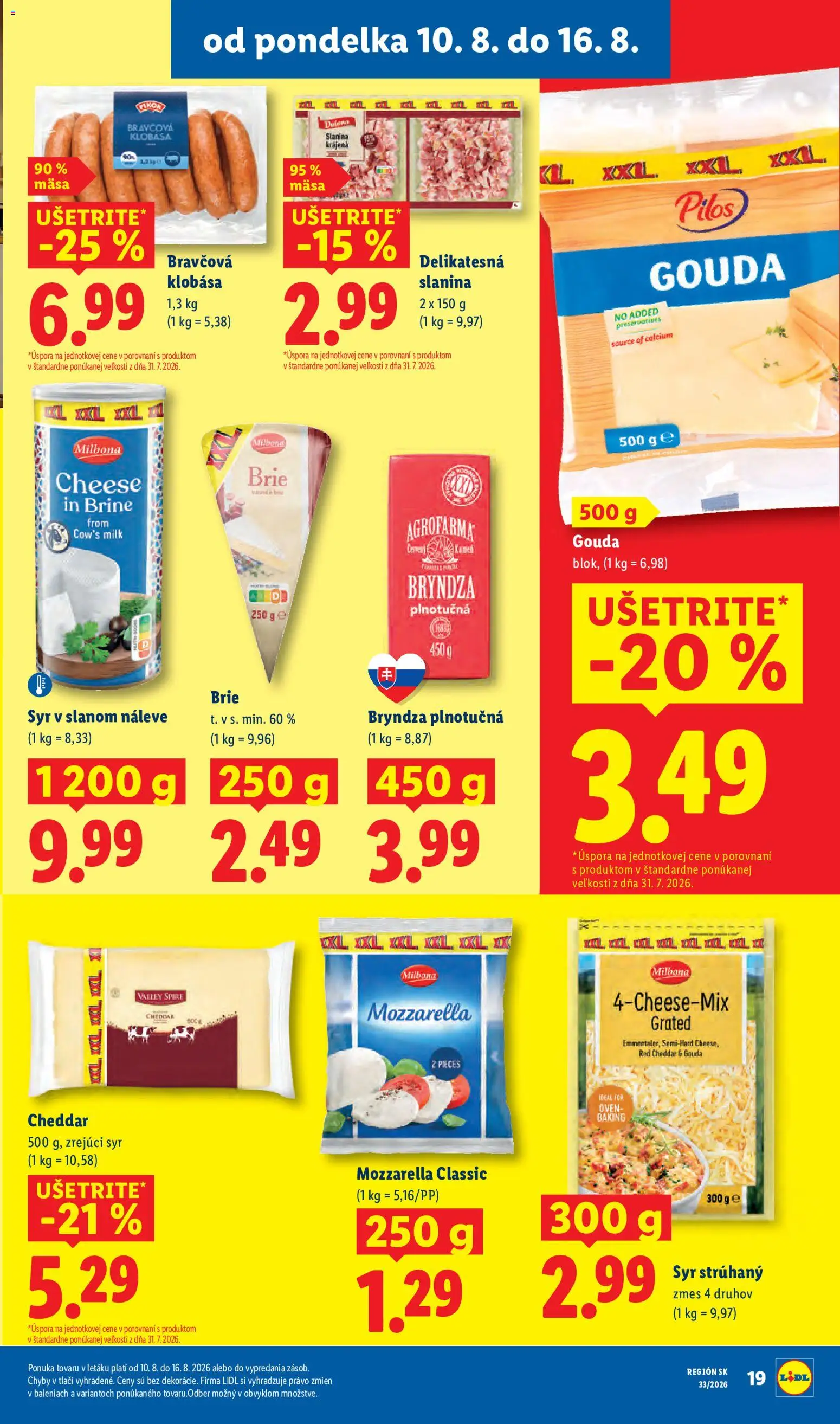 Nové Lidl akcie – leták je platný od 10.08.2026 | Strana: 23 | Produkty: Strúhaný syr, Slanina, Klobása, Mozzarella